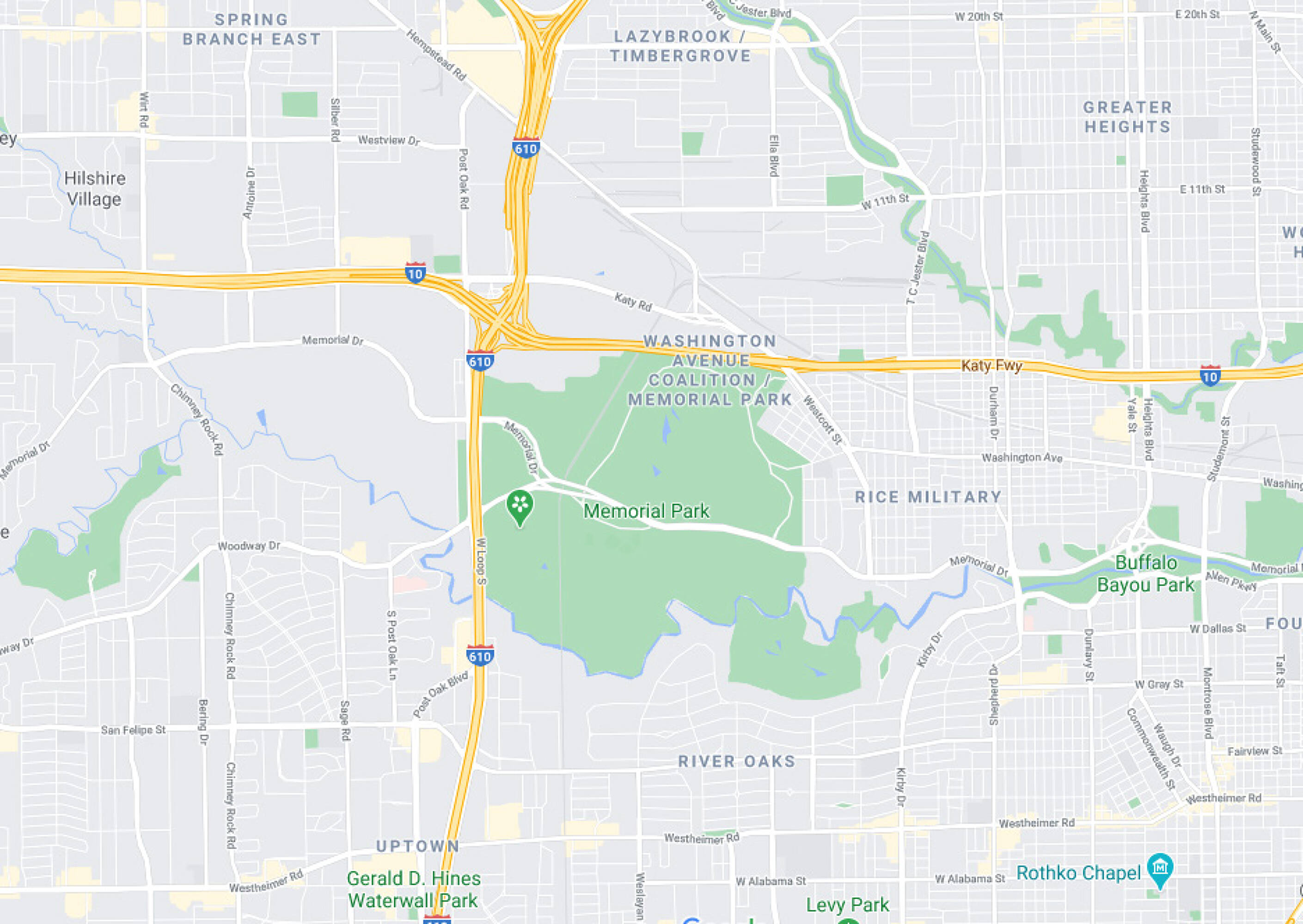 Aerial view of 7701 Washington Avenue, Houston, TX, showcasing its location next to Memorial Park and major roads.