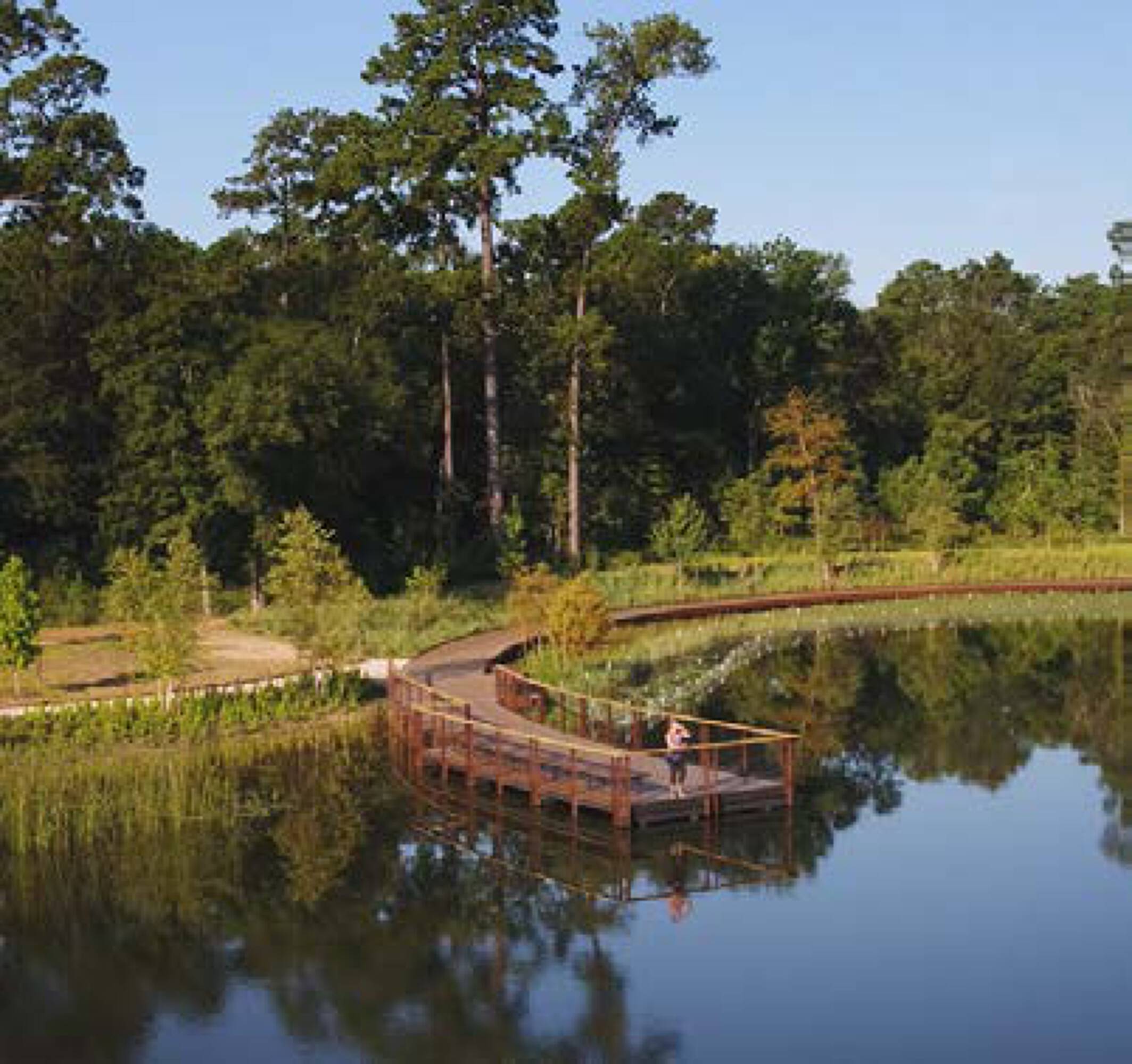 Wooden boardwalk leading to a water feature surrounded by lush greenery at 7701 Washington Avenue, Houston, TX.