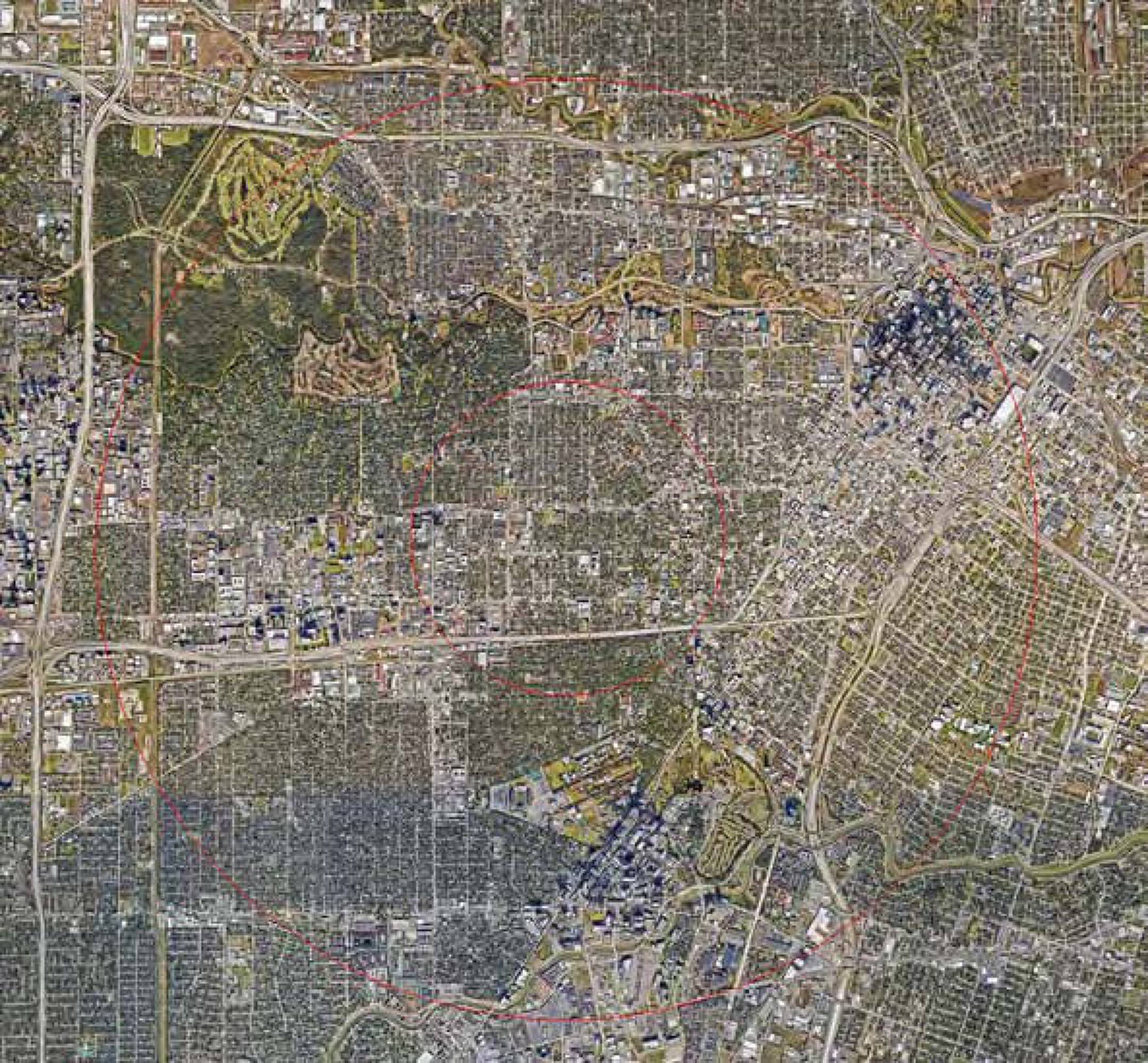 Aerial view of Kipling & Huldy Street property location in Houston, TX, highlighting surrounding urban and green areas.