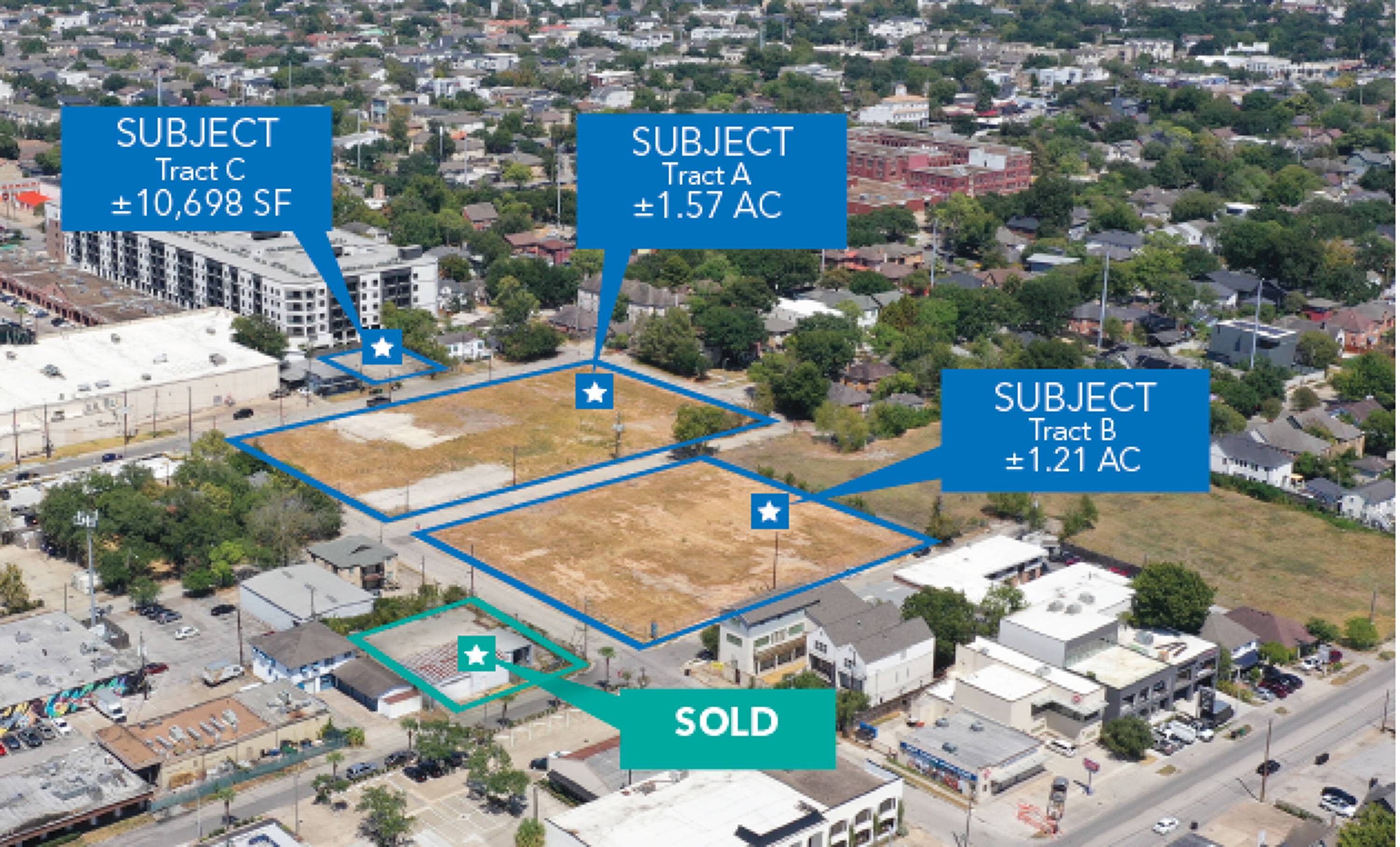 Aerial view of three vacant land parcels labeled Tract C, Tract A, and Tract B in Houston, TX, surrounded by urban development.