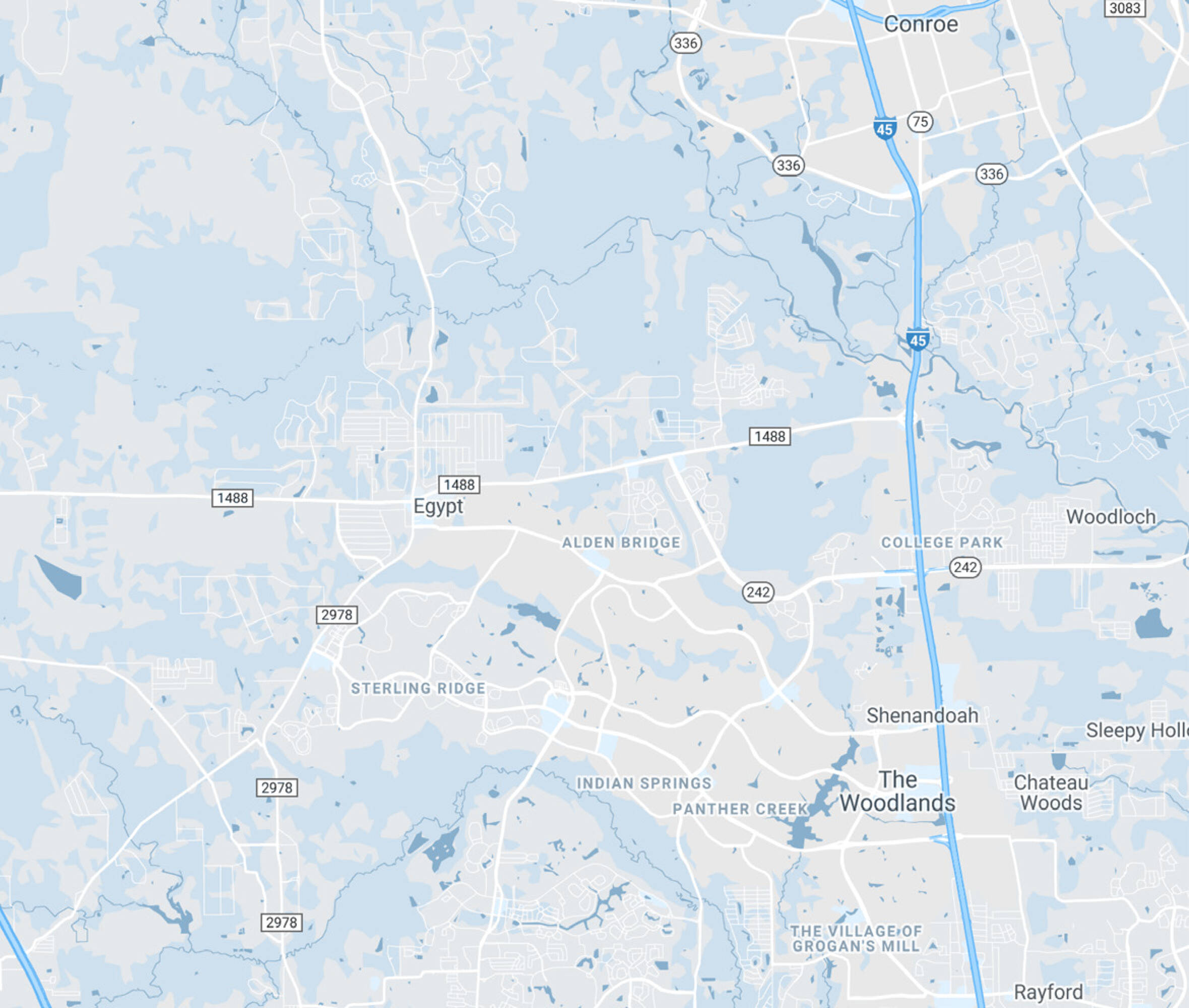 Aerial map view of Coe Lane & Research Forest property in Magnolia, TX, highlighting access points and surrounding developments.