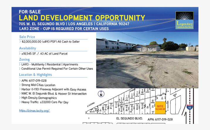 Pictures of Land, Mixed Use, Multifamily, Senior Living, Special Purpose property located at 705 W El Segundo Blvd, Los Angeles, CA 90247 for sales - image #1