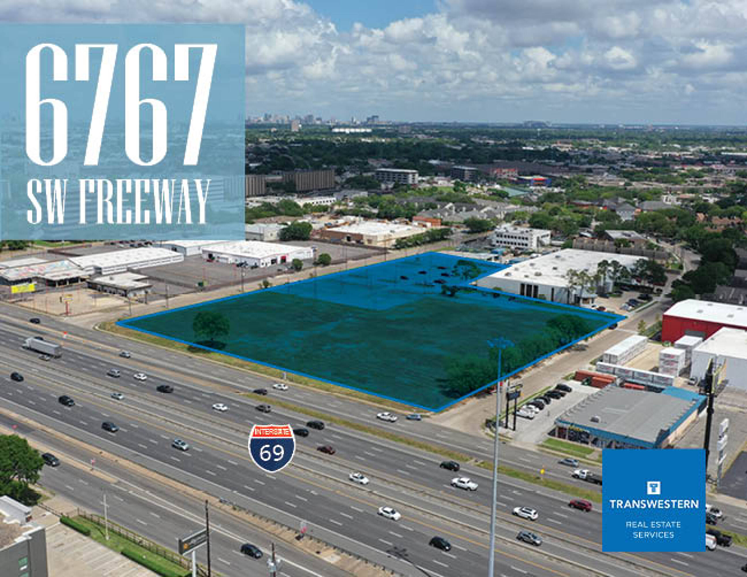 Aerial view of the vacant land at 6767 SW Freeway, Houston, TX, with surrounding commercial buildings and parking lots.