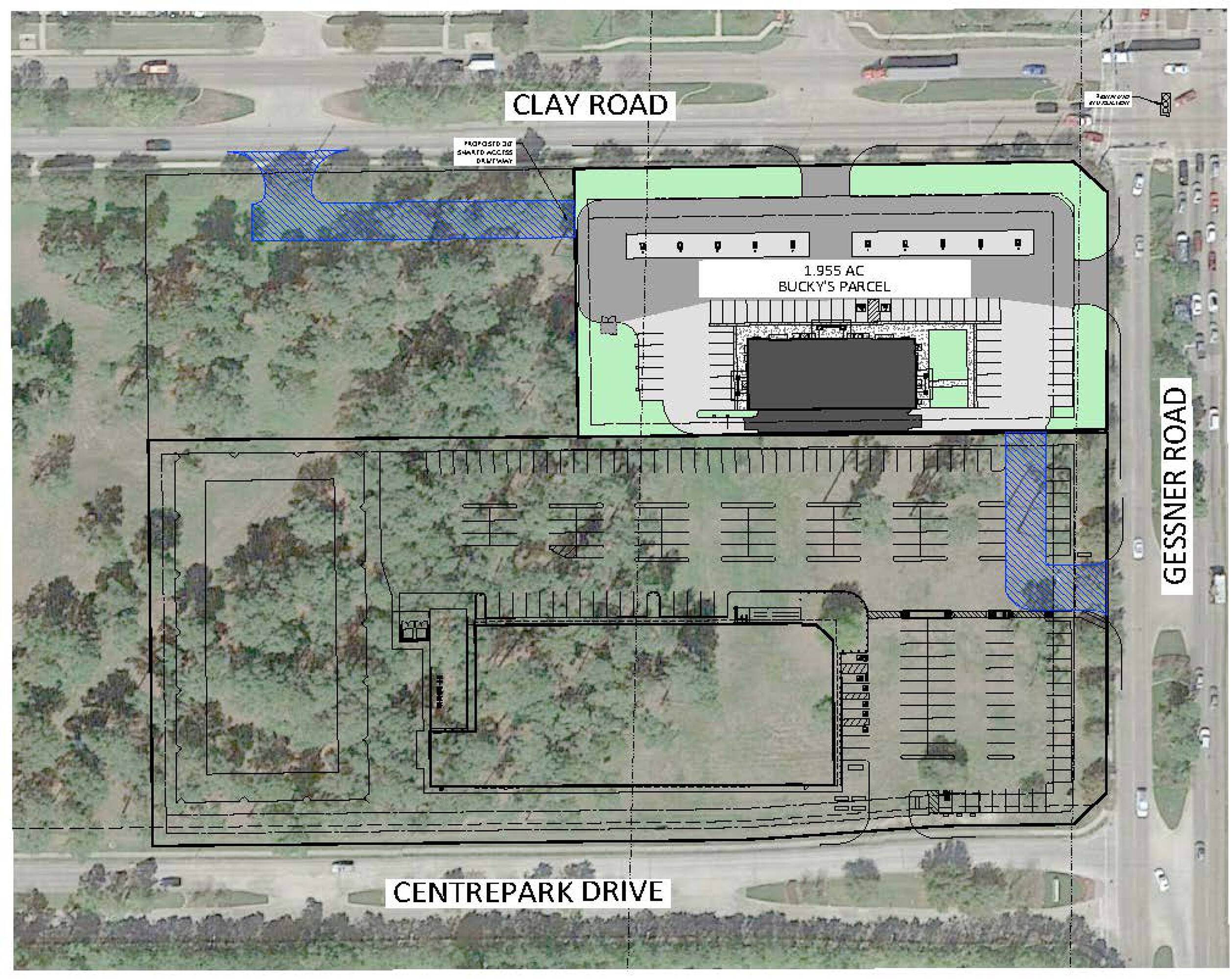 Aerial view of the proposed development at SWC Clay Road & Gessner Road, Houston, TX, showing layout and access points.