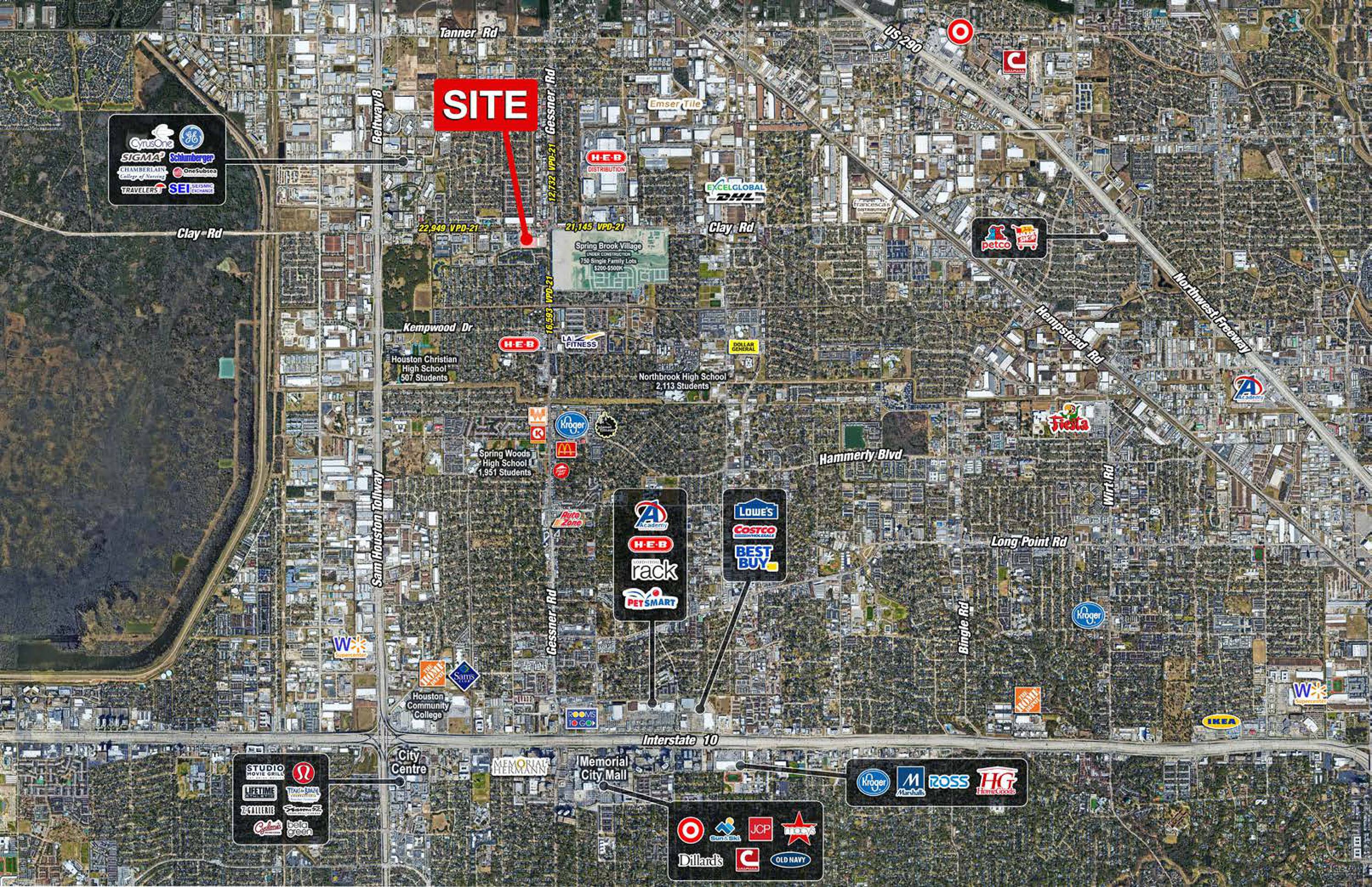 Aerial view of the property located at the southwest corner of Clay Road and Gessner Road in Houston, TX, highlighting surrounding commercial tenants.