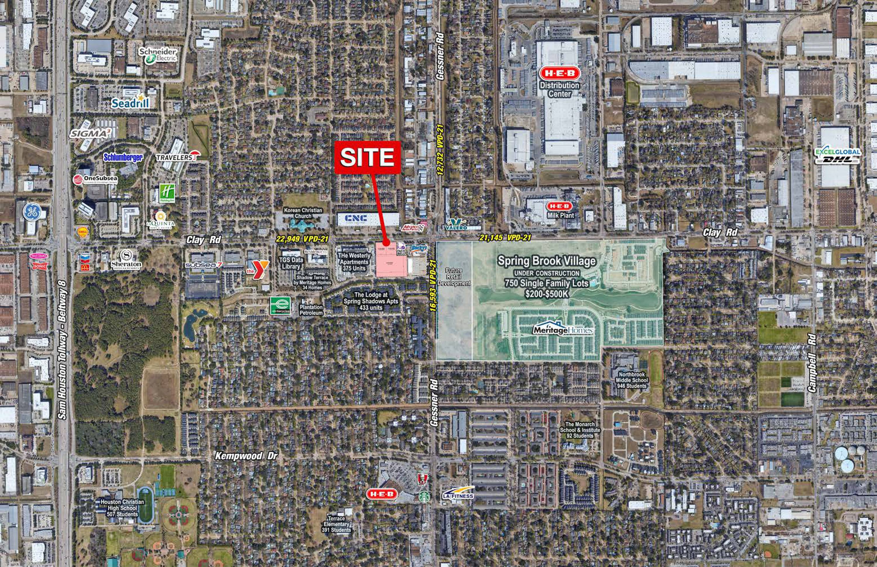 Aerial view of the property located at SWC Clay Road & Gessner Road, Houston, TX, highlighting its proximity to H-E-B and Spring Branch Village.