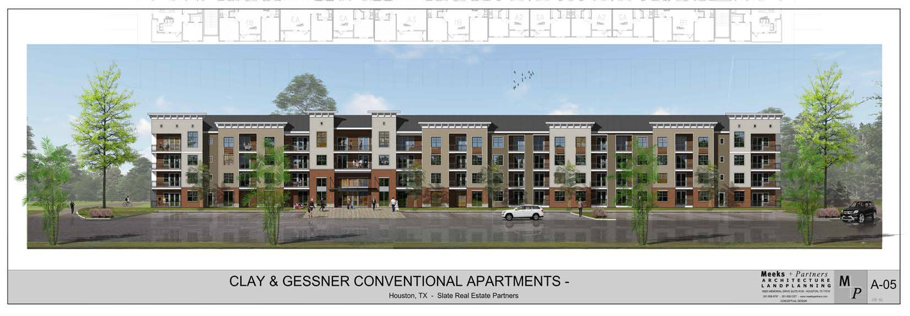 Rendering of a proposed multi-story residential apartment building with ample parking and balconies.