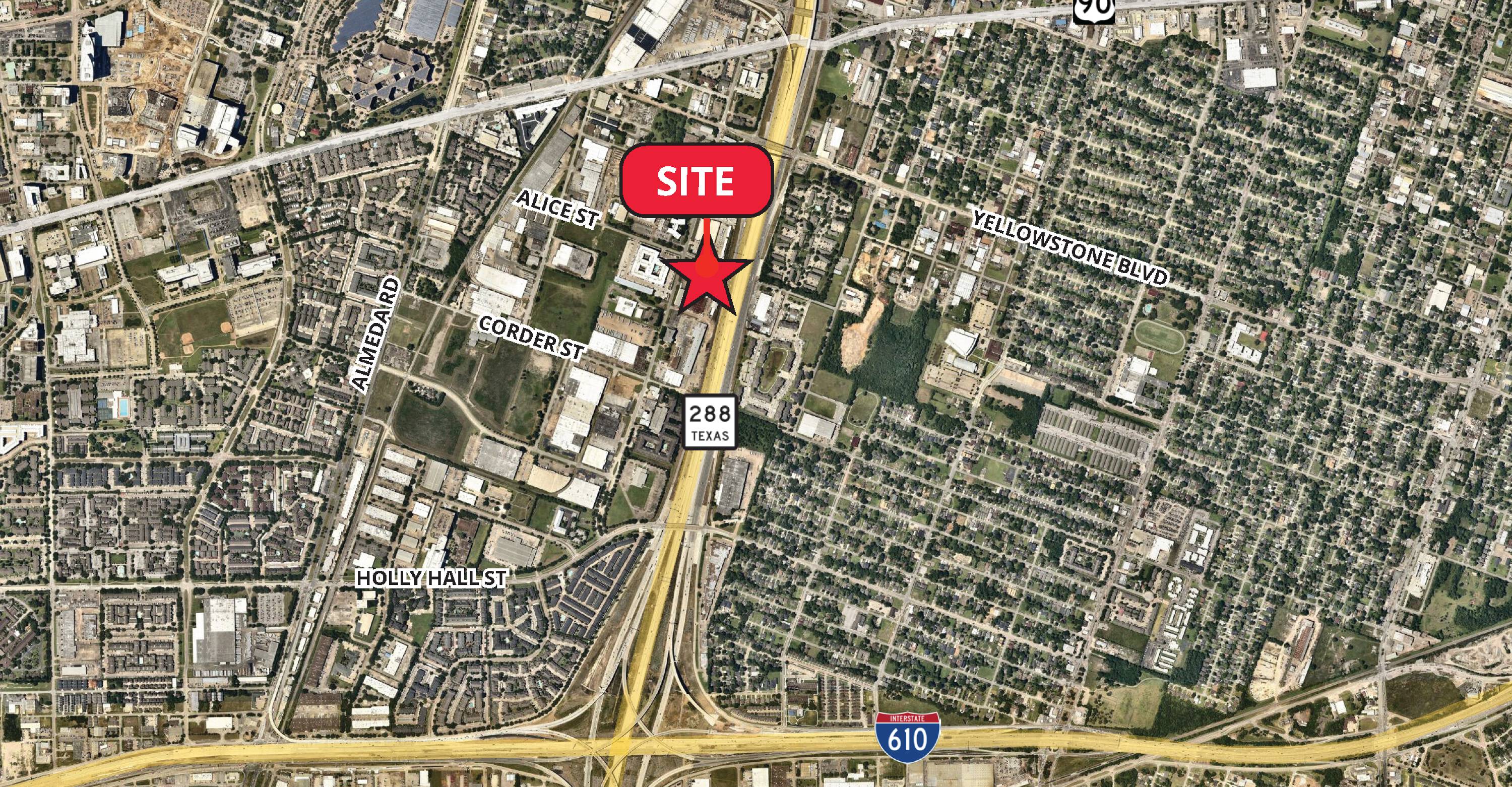 Aerial view of Medical Center Land I for sale or lease at 7111 Ardmore Street, Houston, TX, highlighting its proximity to major highways and medical facilities.