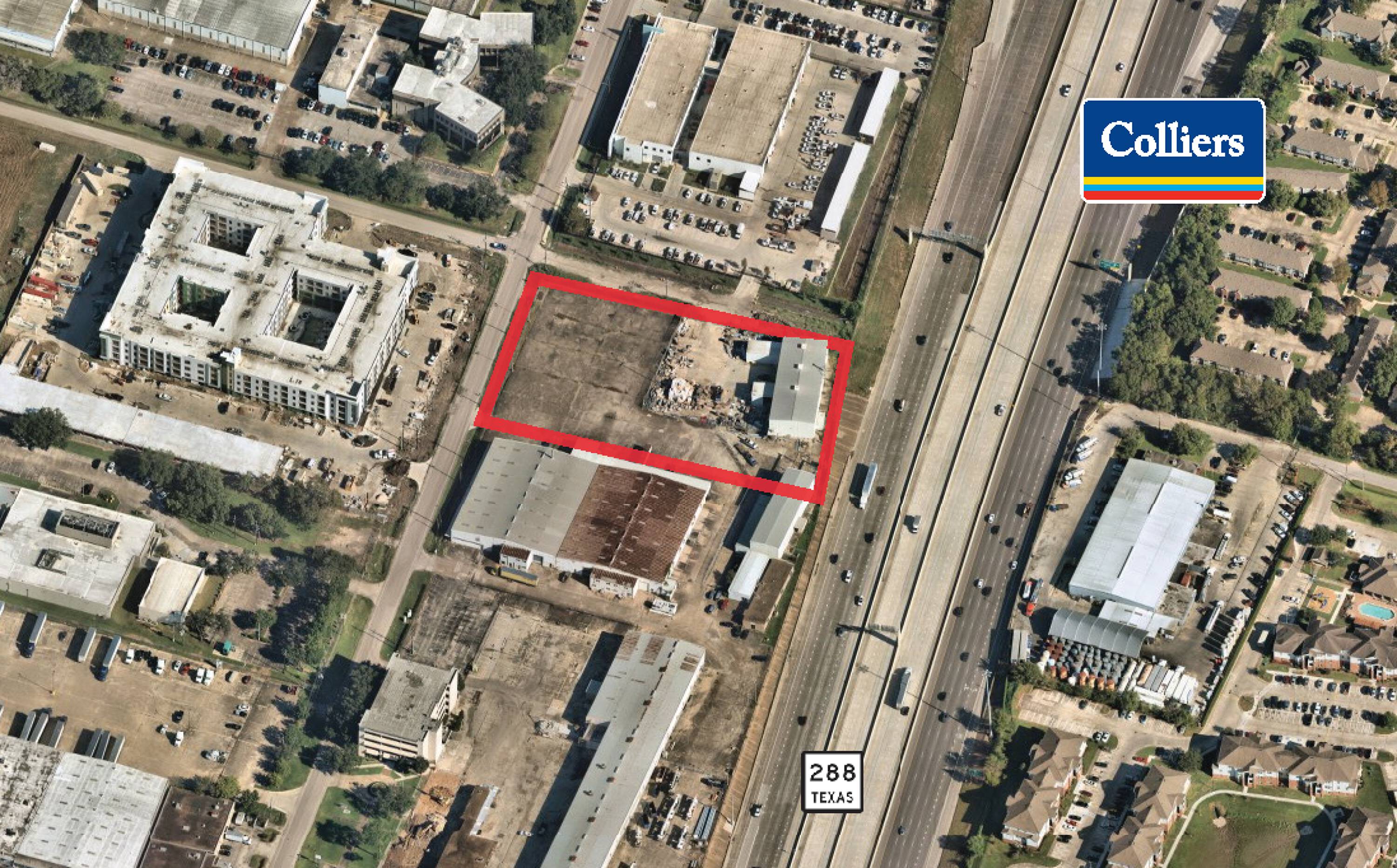 Aerial view of Medical Center Land I for sale or lease at 7111 Ardmore Street, Houston, TX, surrounded by medical and office buildings.