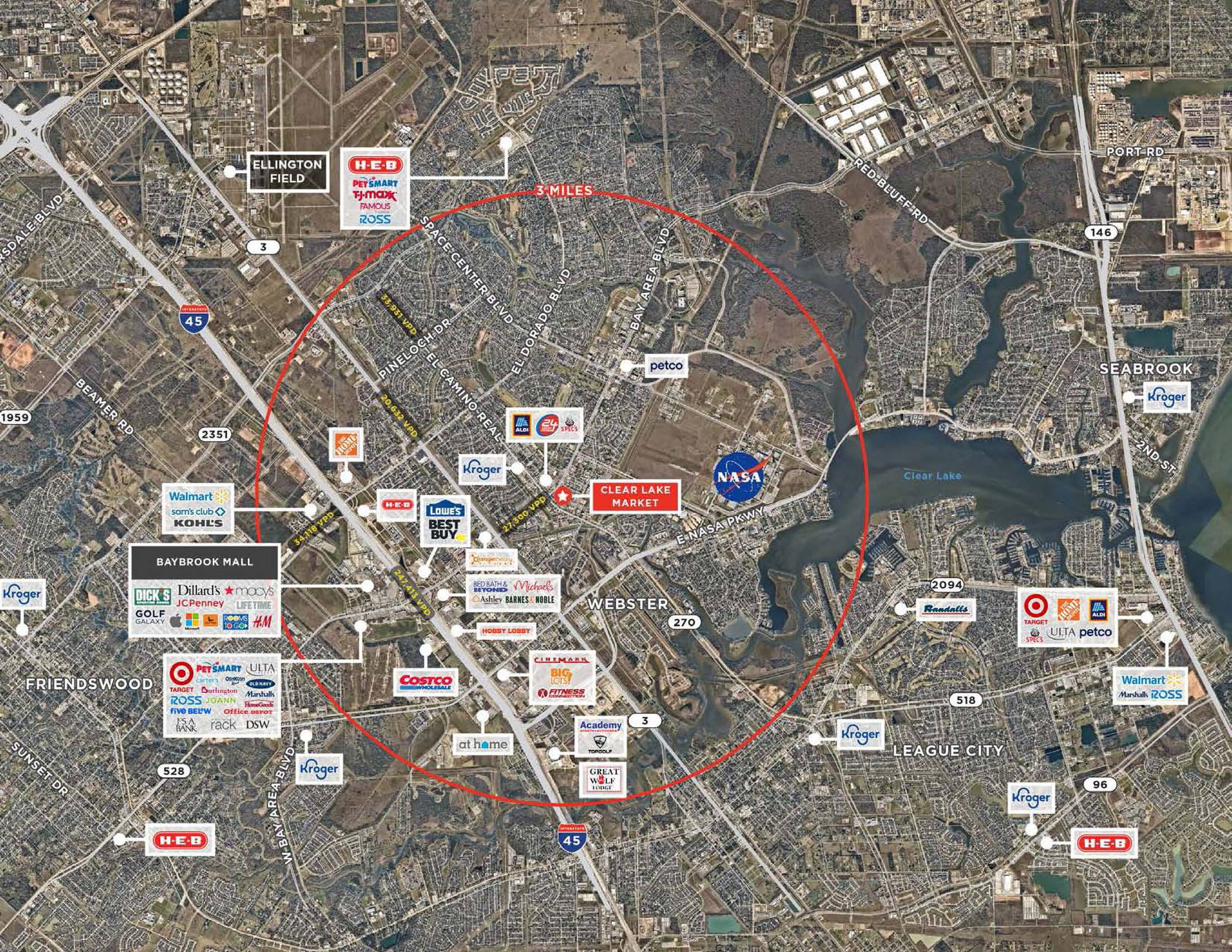Aerial view of Clear Lake Market property surrounded by major retailers in Houston, TX.