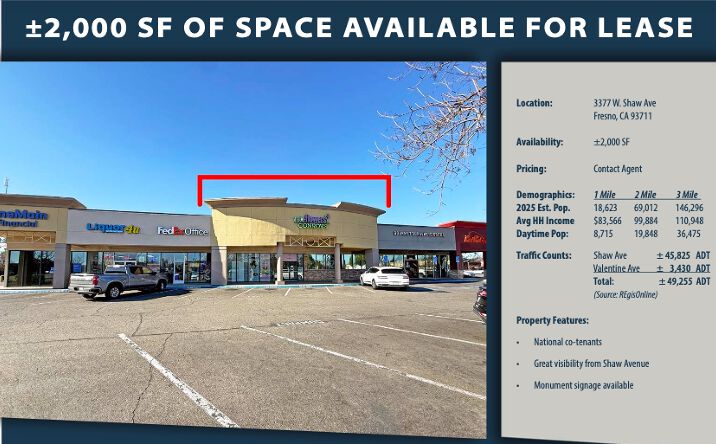Pictures of Retail, Office, Restaurant property located at 3377 W Shaw Ave, Fresno, CA 93711 for lease - image #1