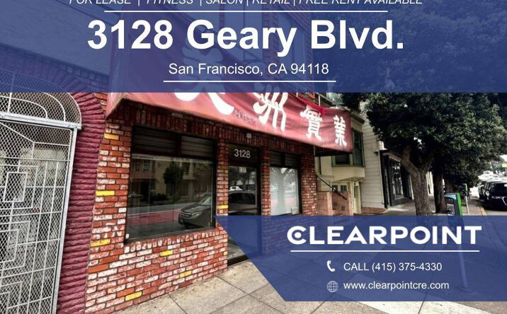 Pictures of Retail property located at 3128 Geary Blvd, SF, CA 94118 for lease - image #1