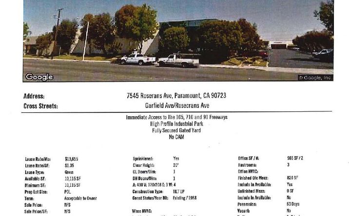 Pictures of Industrial property located at 7545 Roserans Ave, Paramount, CA 90723 for lease - image #1