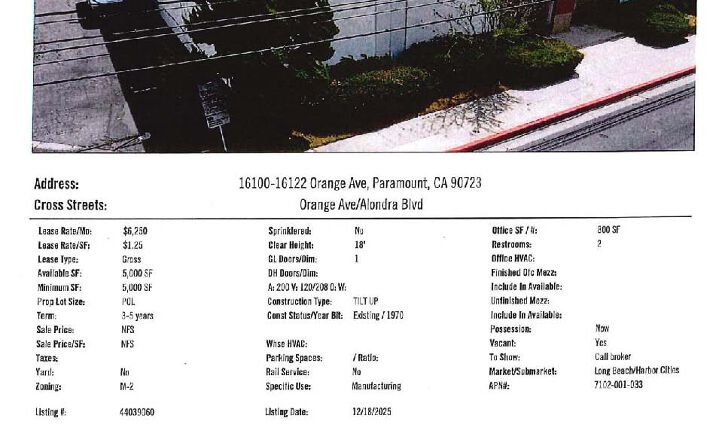 Pictures of Industrial property located at 16100-16122 Orange Ave, Paramount, CA 90723 for lease - image #1