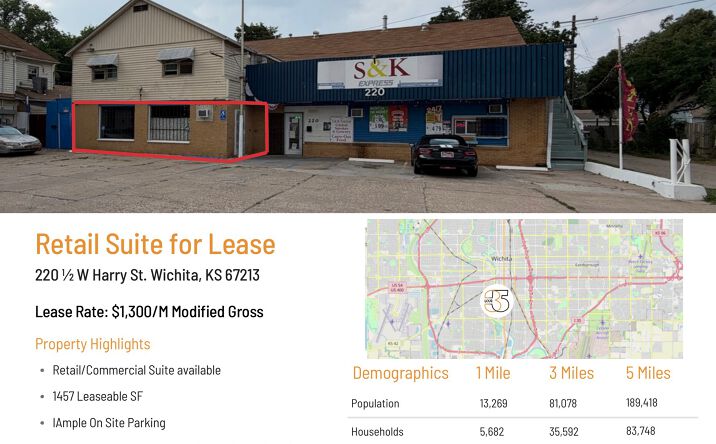 Pictures of Retail property located at 220 1/2 W Harry St., Wichita, KS 67213 for lease - image #1