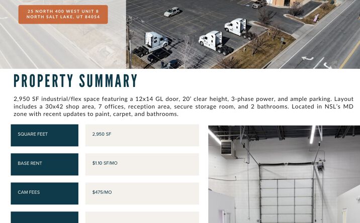 Pictures of Office, Industrial property located at 25 North 400 West Unit 8, North Salt Lake, UT 84054 for lease - image #1