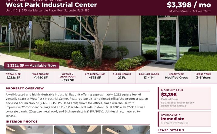 Pictures of Industrial property located at 575 NW Mercantile Place, Unit 110, Port St. Lucie, FL 34986 for lease - image #1