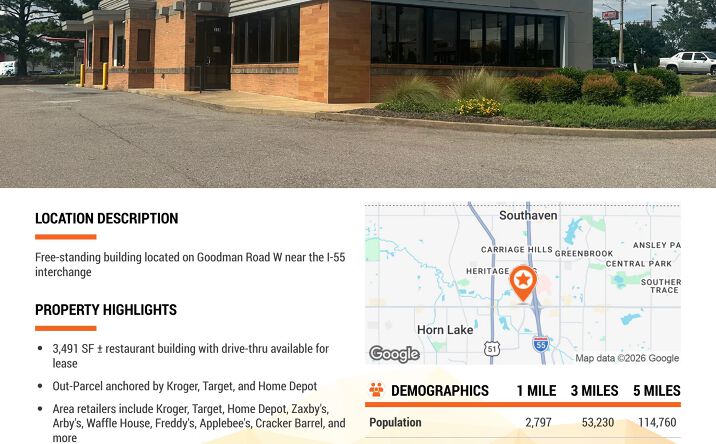 Pictures of Retail, Restaurant property located at 718 Goodman Road West, Horn Lake, MS 38637 for lease - image #1