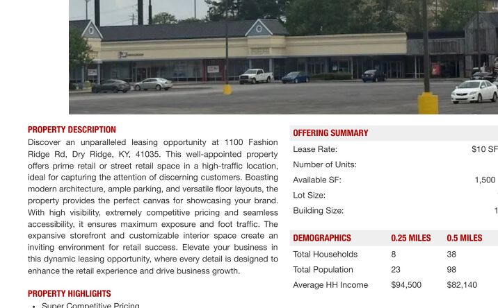 Pictures of Retail property located at 1100 Fashion Ridge Rd, Dry Ridge, KY 41035 for lease - image #1