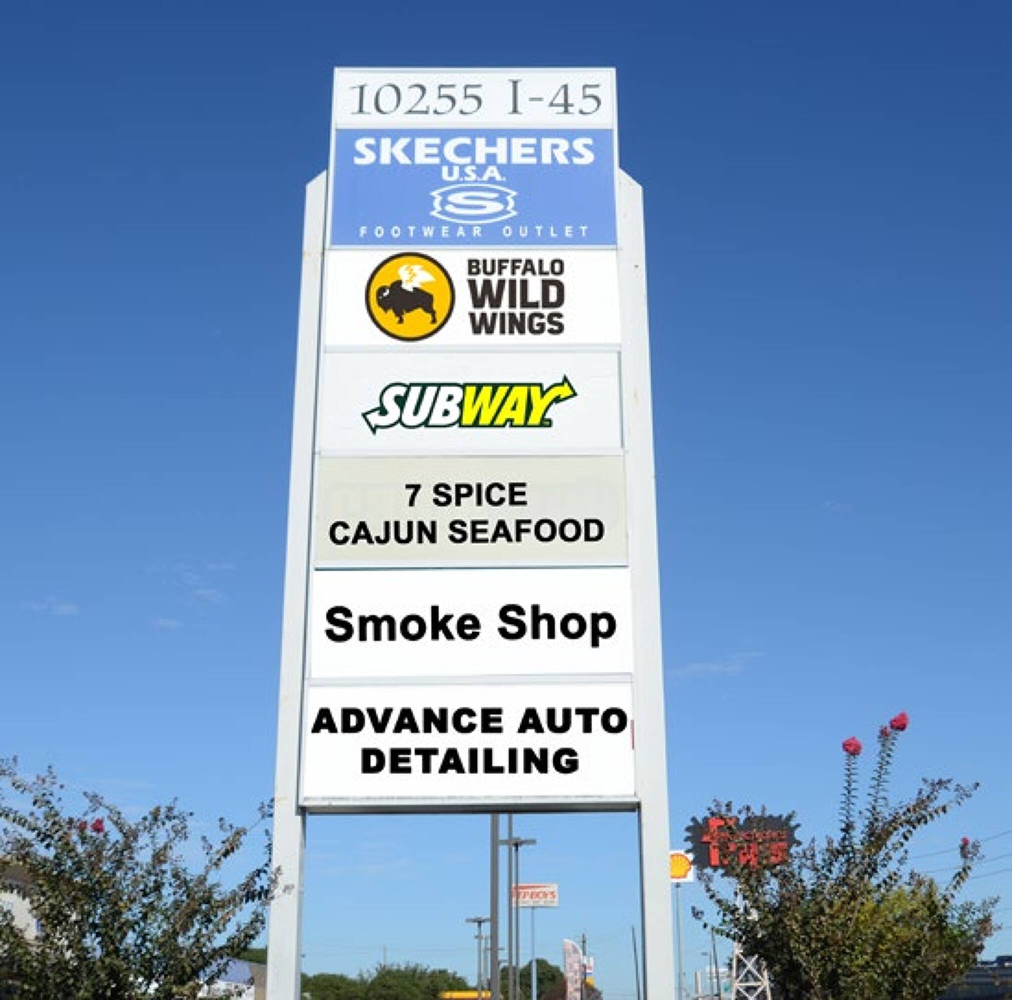 A multi-tenant retail strip with prominent signage for Skechers USA, Buffalo Wild Wings, Subway, 7 Spice Cajun Seafood, Smoke Shop, and Advance Auto Detailing.