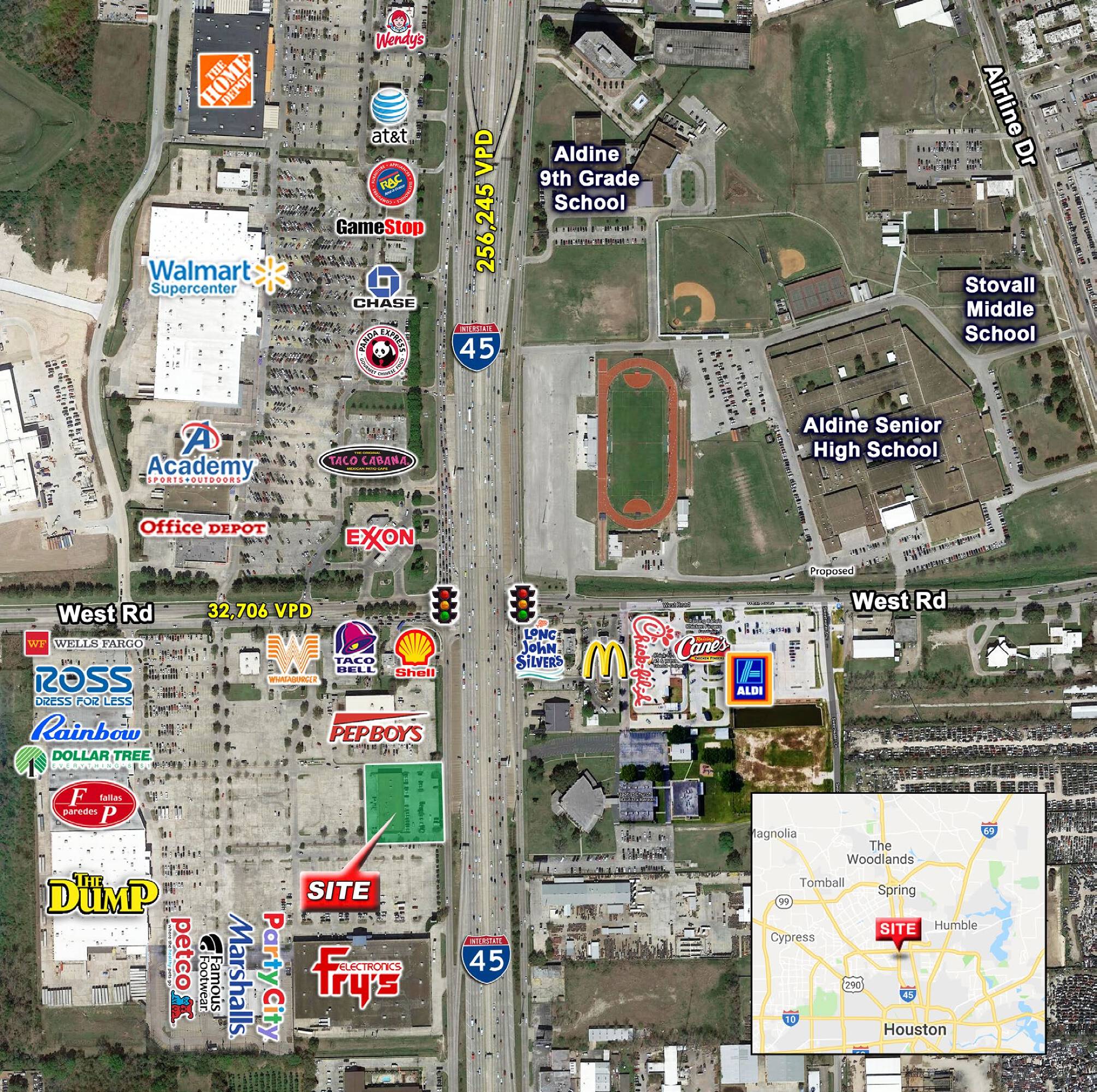 Aerial view of a retail property located near major highways and surrounded by well-known retail stores and educational institutions.