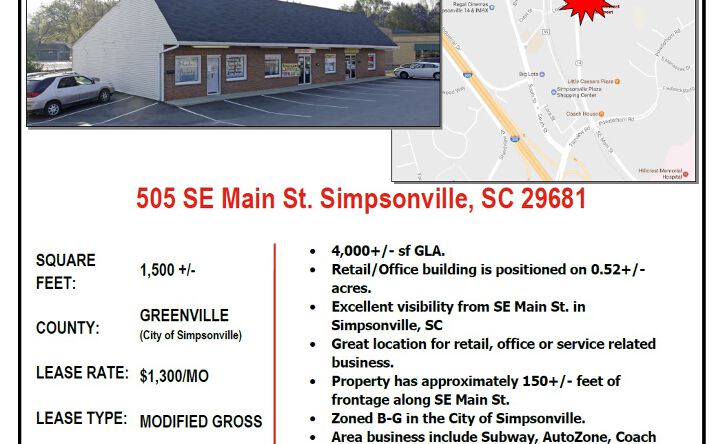 Pictures of Retail, Office property located at 505 SE Main St, Simpsonville, SC 29681 for lease - image #1