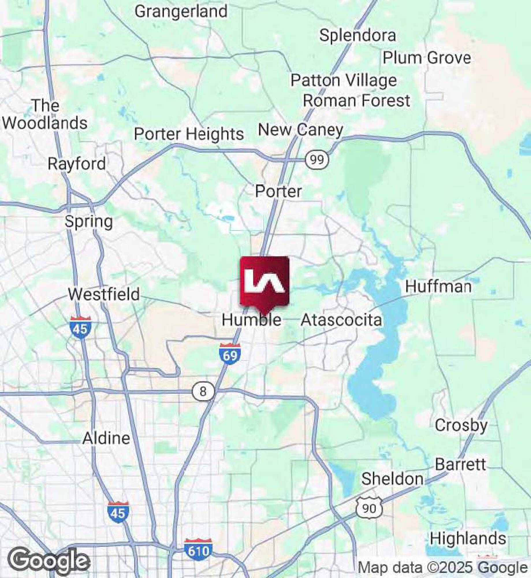 Map highlighting the location of a commercial property in Humble, Texas, with surrounding cities and highways.