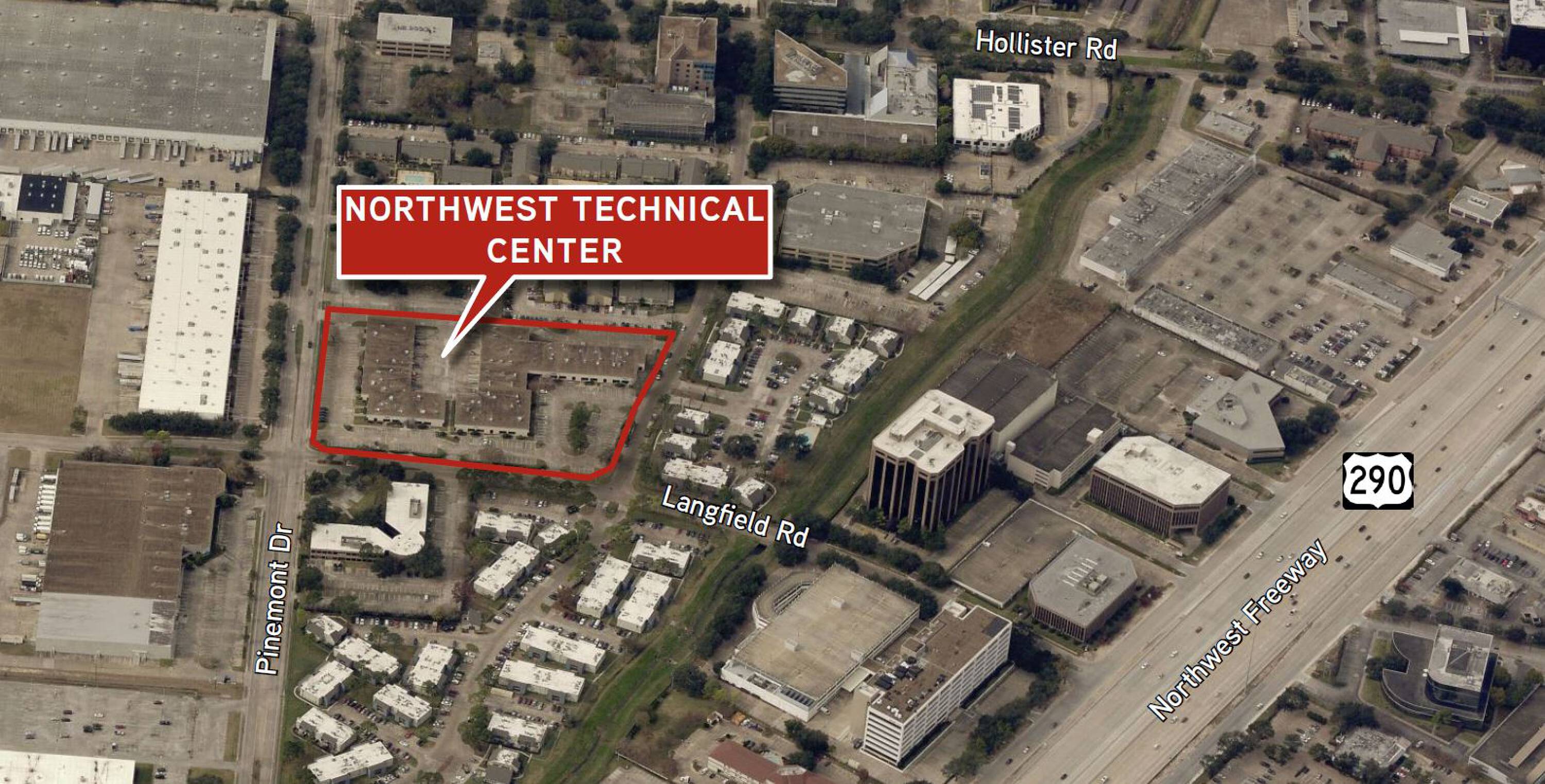 Aerial view of Northwest Technical Center with highlighted location, showing surrounding roads and neighboring properties.