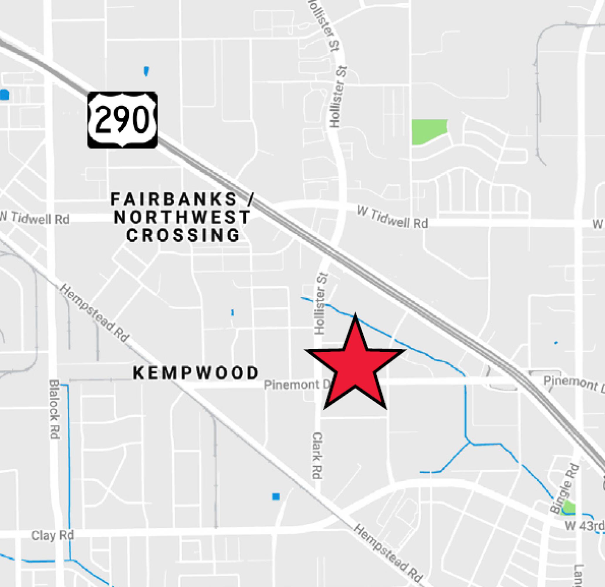 Aerial map view showing property location near Highway 290 and Tidwell Road in Houston, TX.