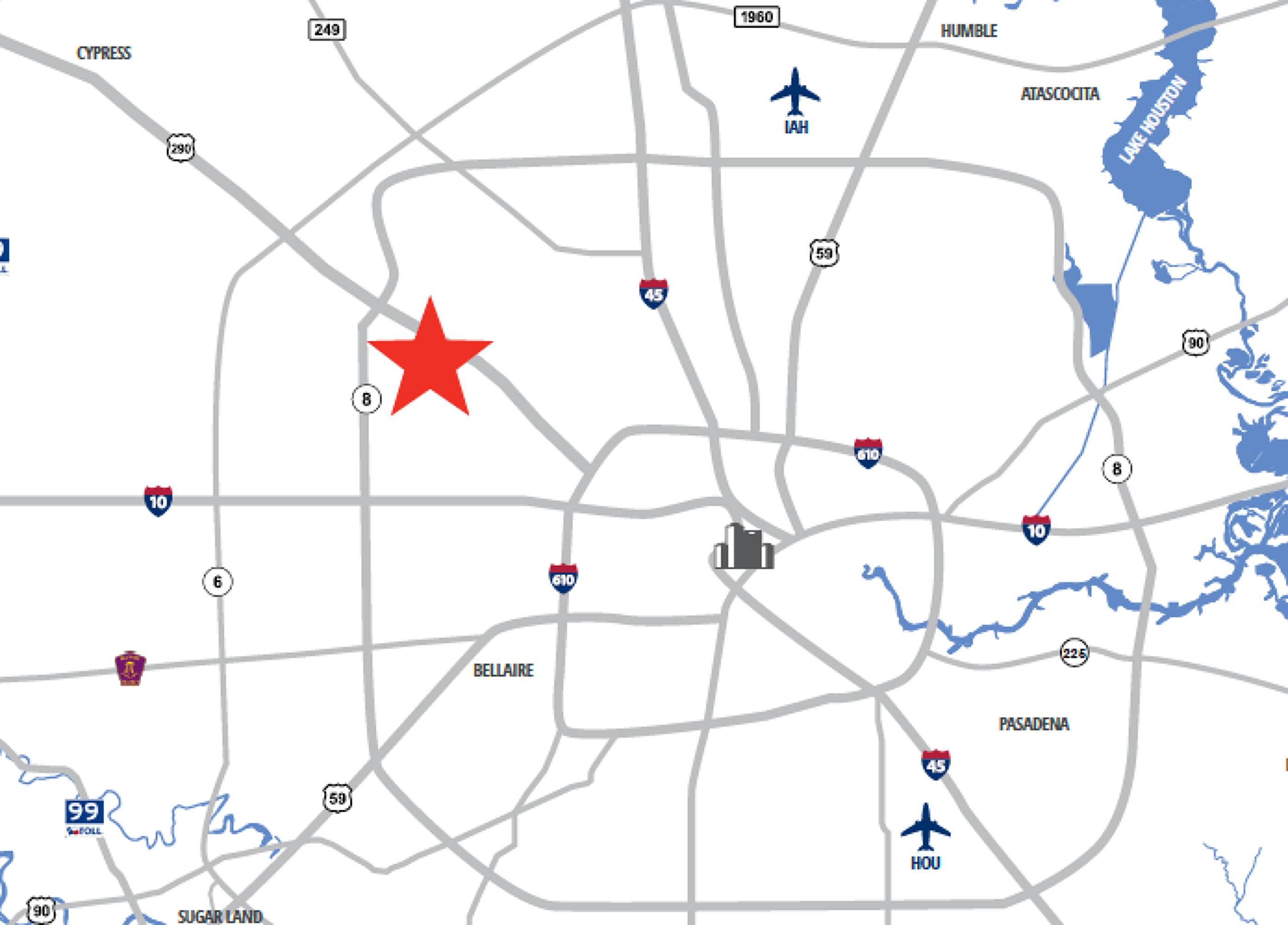 Map highlighting a strategic location in Houston with access to major highways and airports.