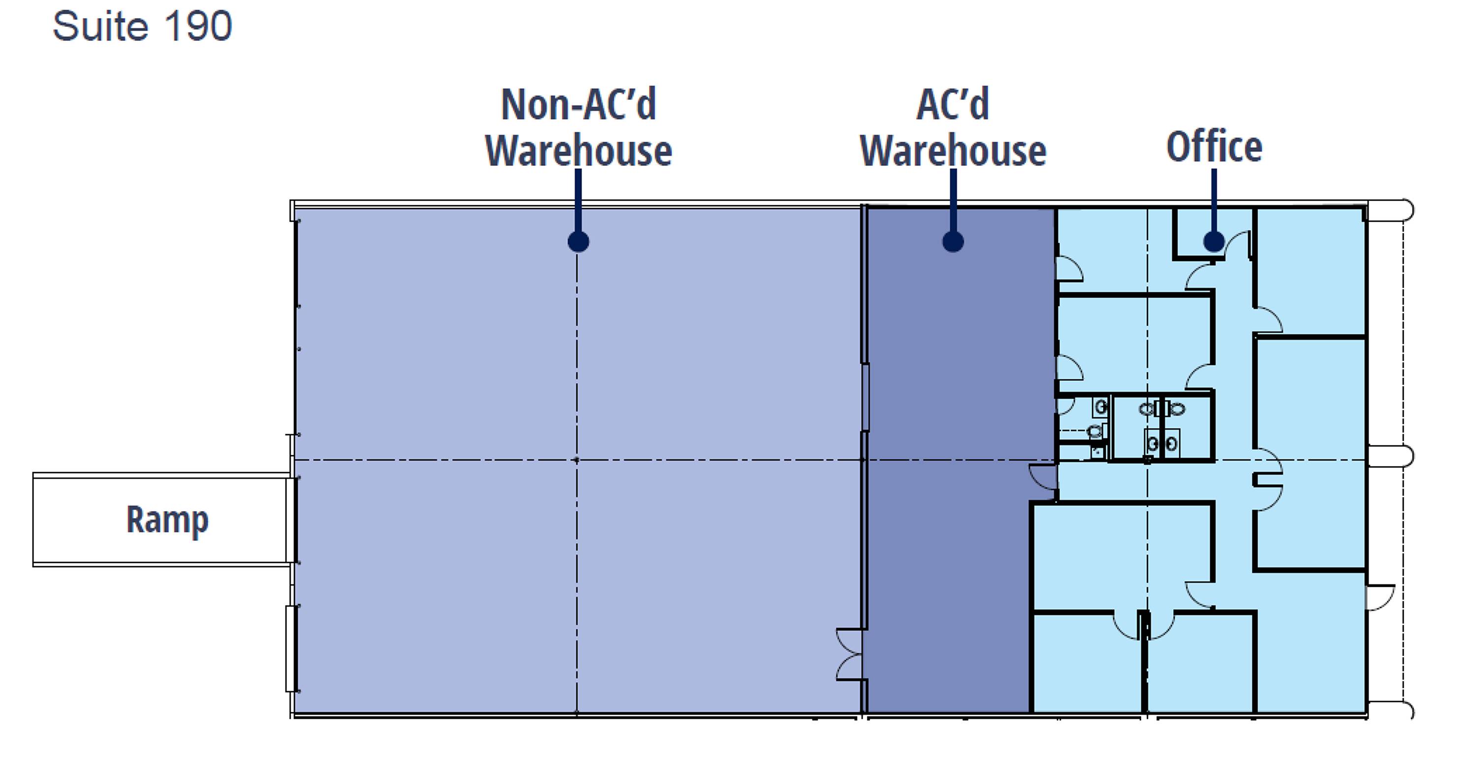 Floor plan of Suite 190 showing non-AC'd warehouse, AC'd warehouse, and office space with ramp access.