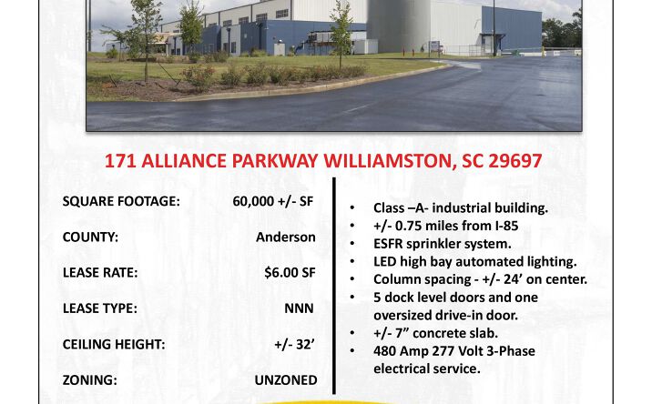 Pictures of Industrial property located at 171 Alliance Pkwy, Williamston, SC 29697 for lease - image #1