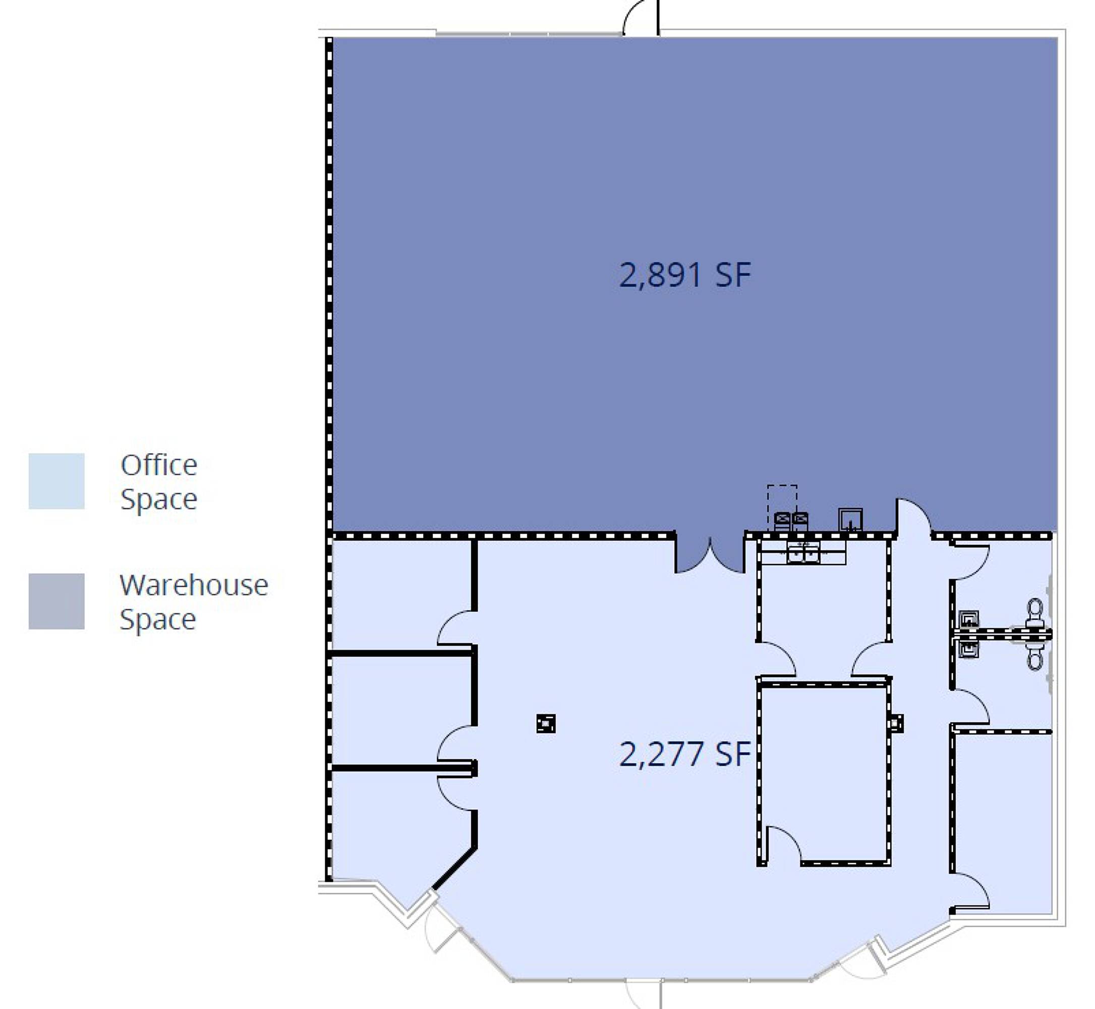Floor plan of an industrial property with 2,891 SF warehouse space and 2,277 SF office space.