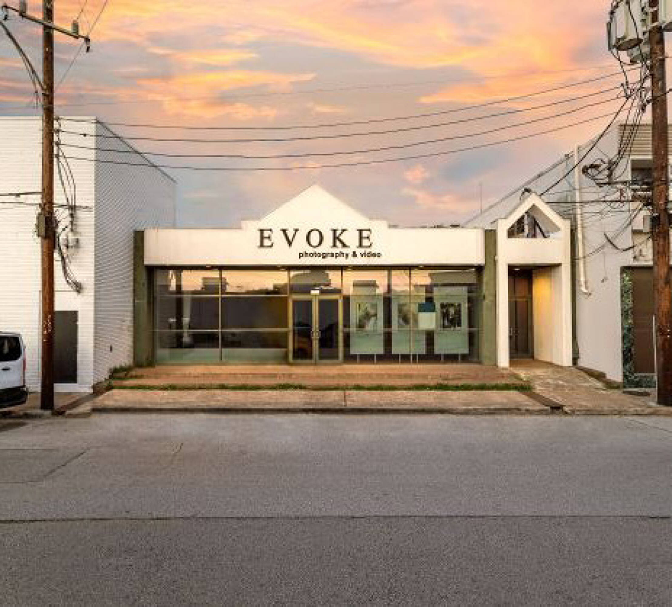 Modern retail/office building with large windows and street parking at 5407 Kelvin Dr, Houston, TX.