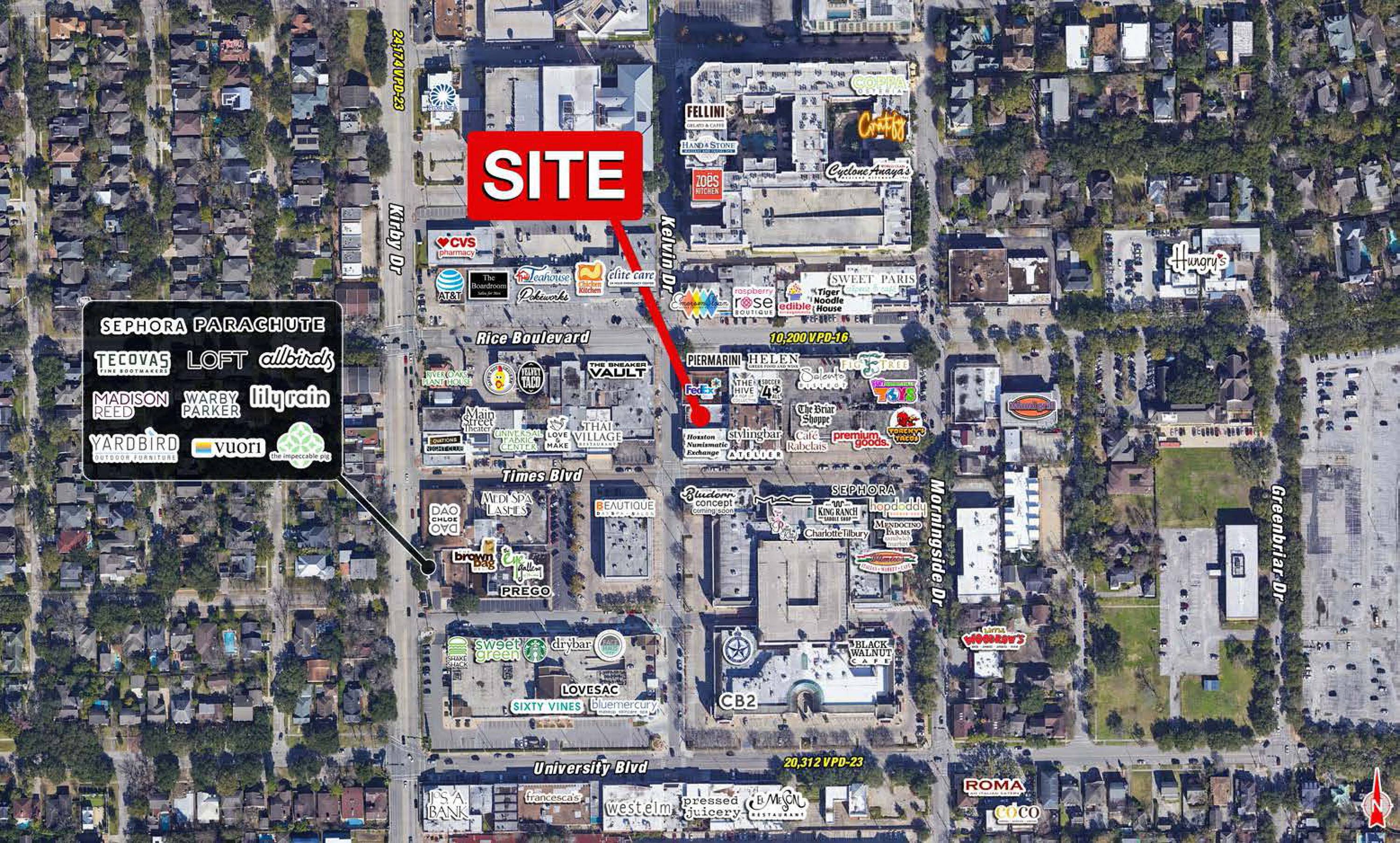 Aerial view of 5407 Kelvin Dr, Houston, TX, highlighting its location among retail and office buildings with ample parking.