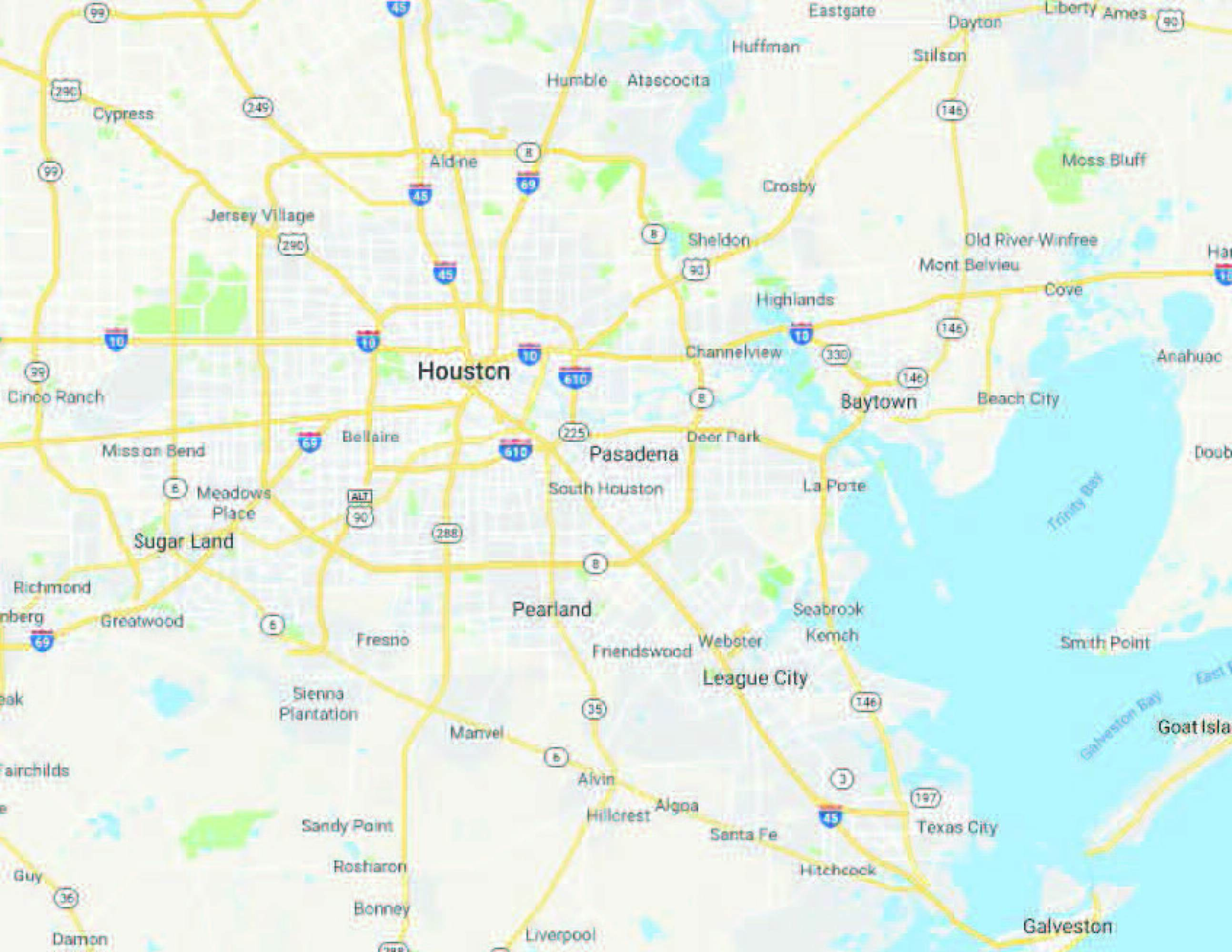Aerial map view of Houston, TX highlighting the location of 5407 Kelvin Dr.