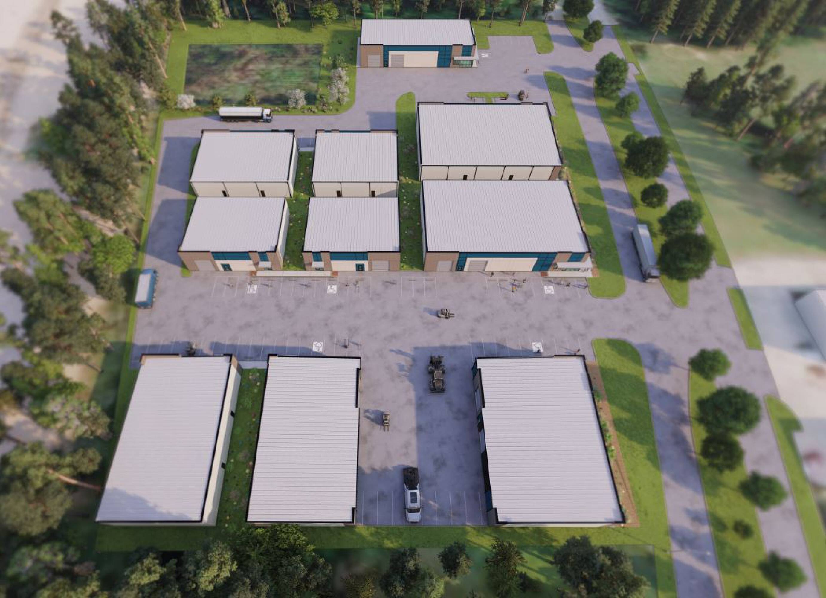 Aerial view of Misty Valley Business Center with multiple industrial units, parking, and green surroundings.