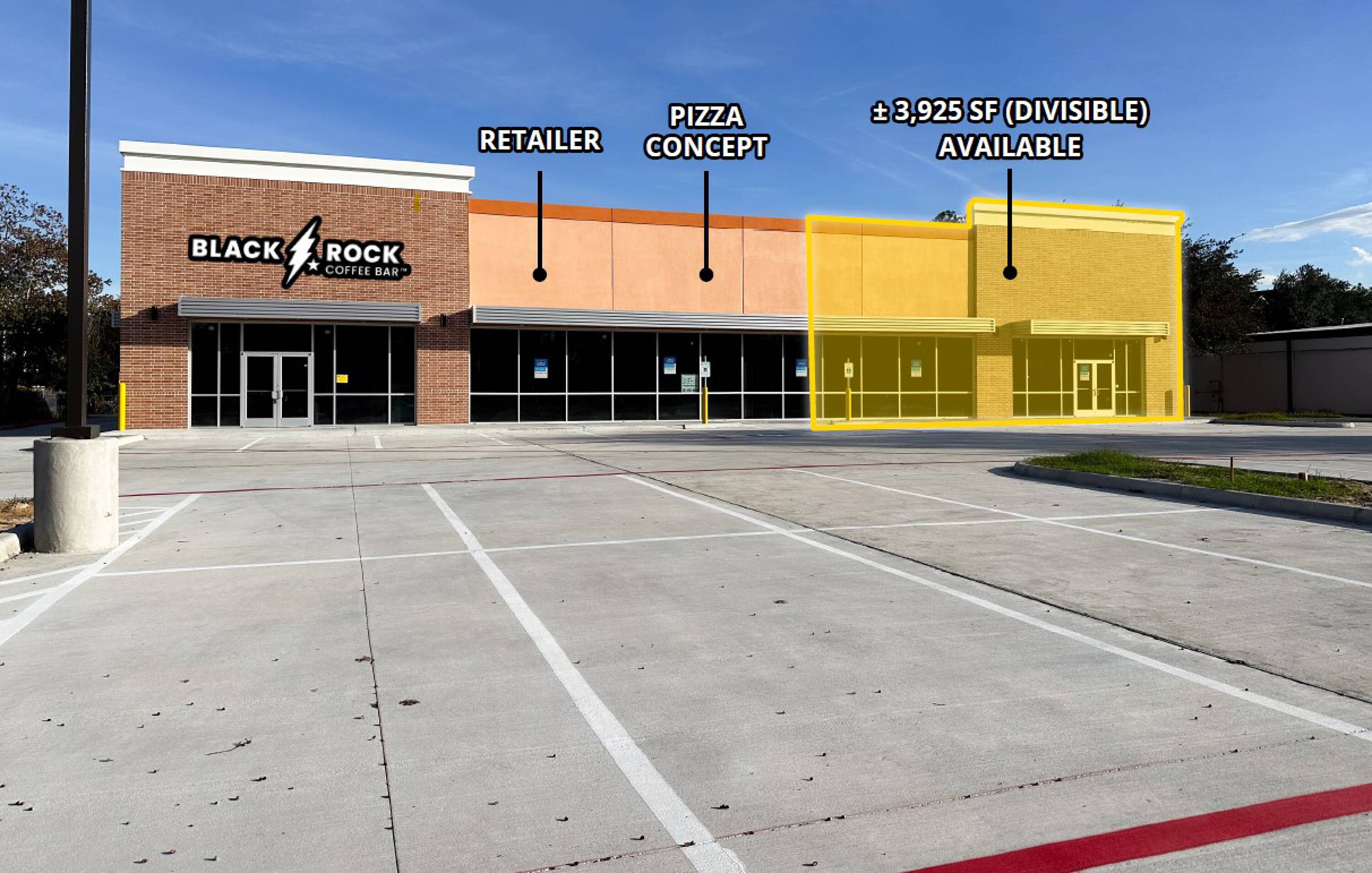 Exterior view of The Shoppes at Riata Heights with multi-tenant retail spaces, ample parking, and modern facade.
