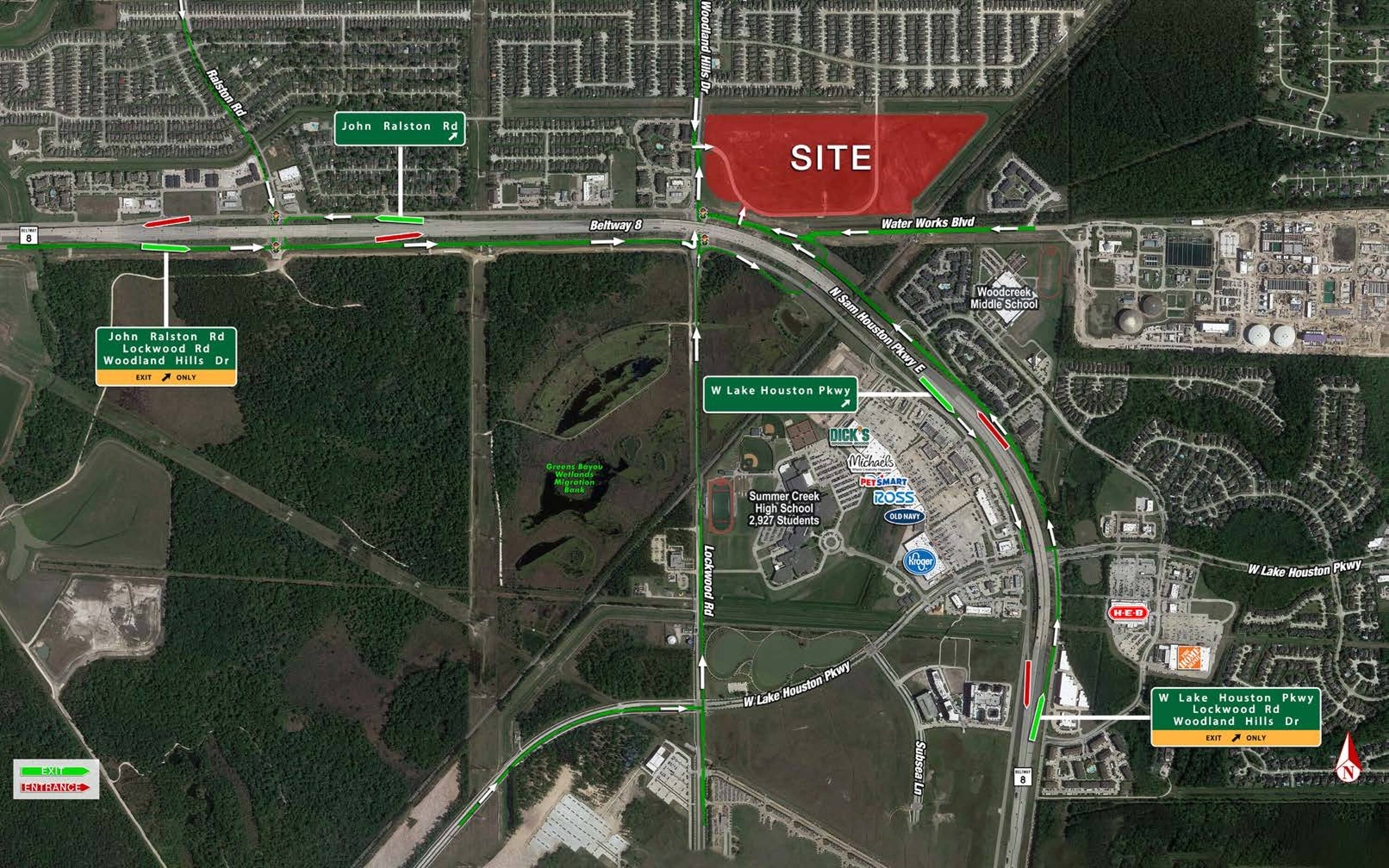 Aerial view of The Bend property at Beltway 8 & Woodland Hills Dr, Humble, TX, showing surrounding retail and land parcel.