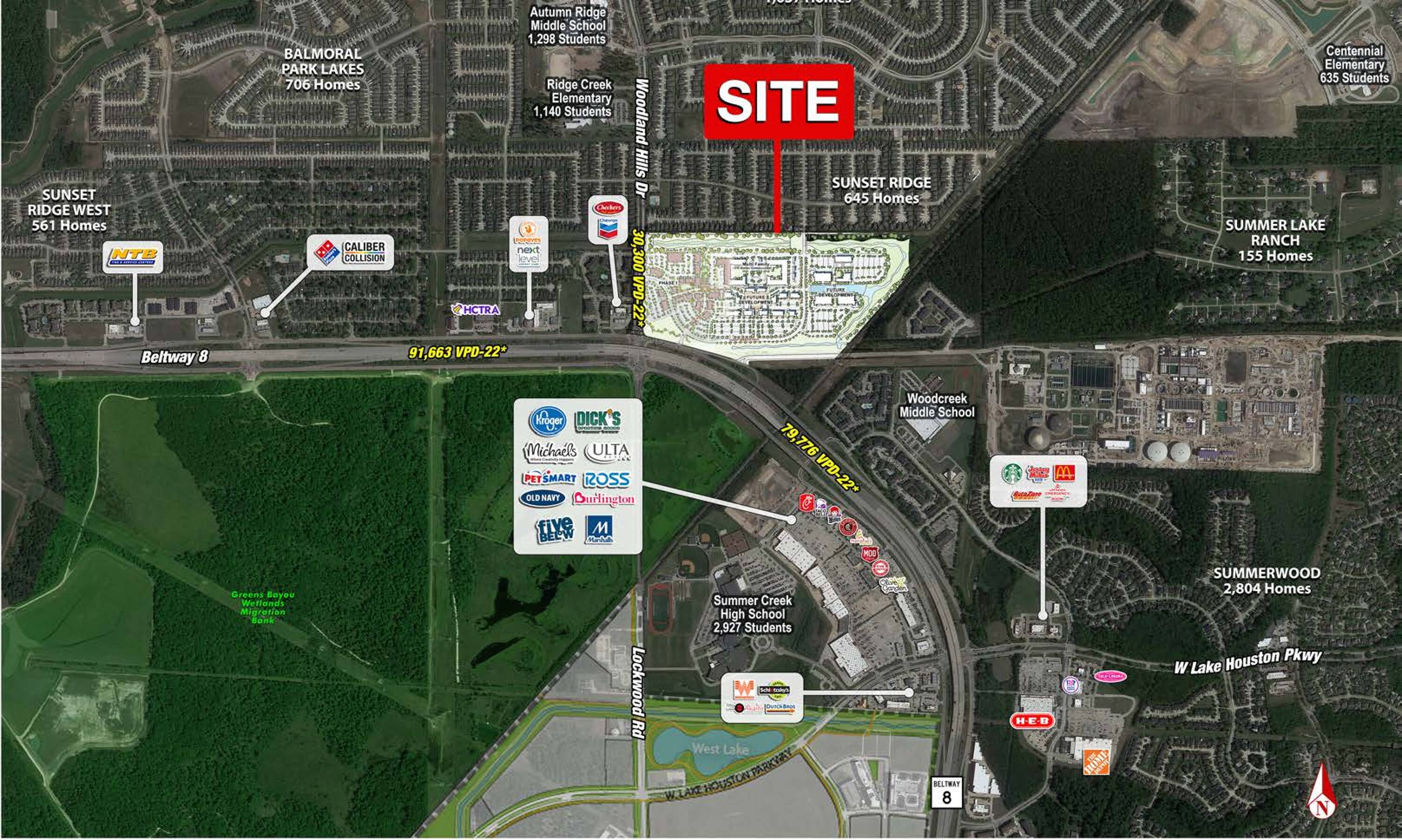 Aerial view of The Bend retail and land property at Beltway 8 & Woodland Hills Dr, Humble, TX, with surrounding amenities and traffic access.