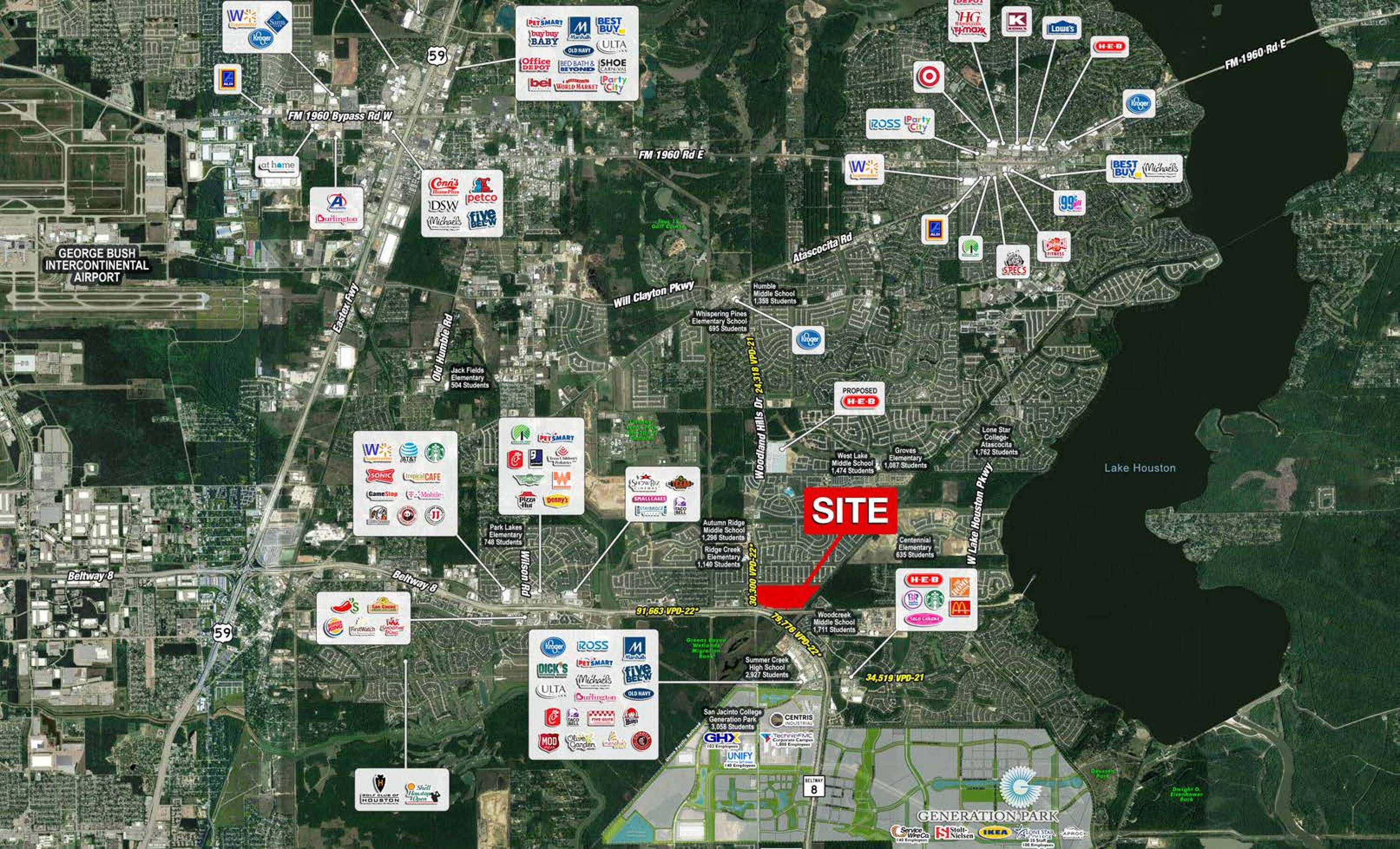 Aerial view of The Bend property at Beltway 8 & Woodland Hills Dr in Humble, TX, surrounded by major retailers and near Lake Houston.