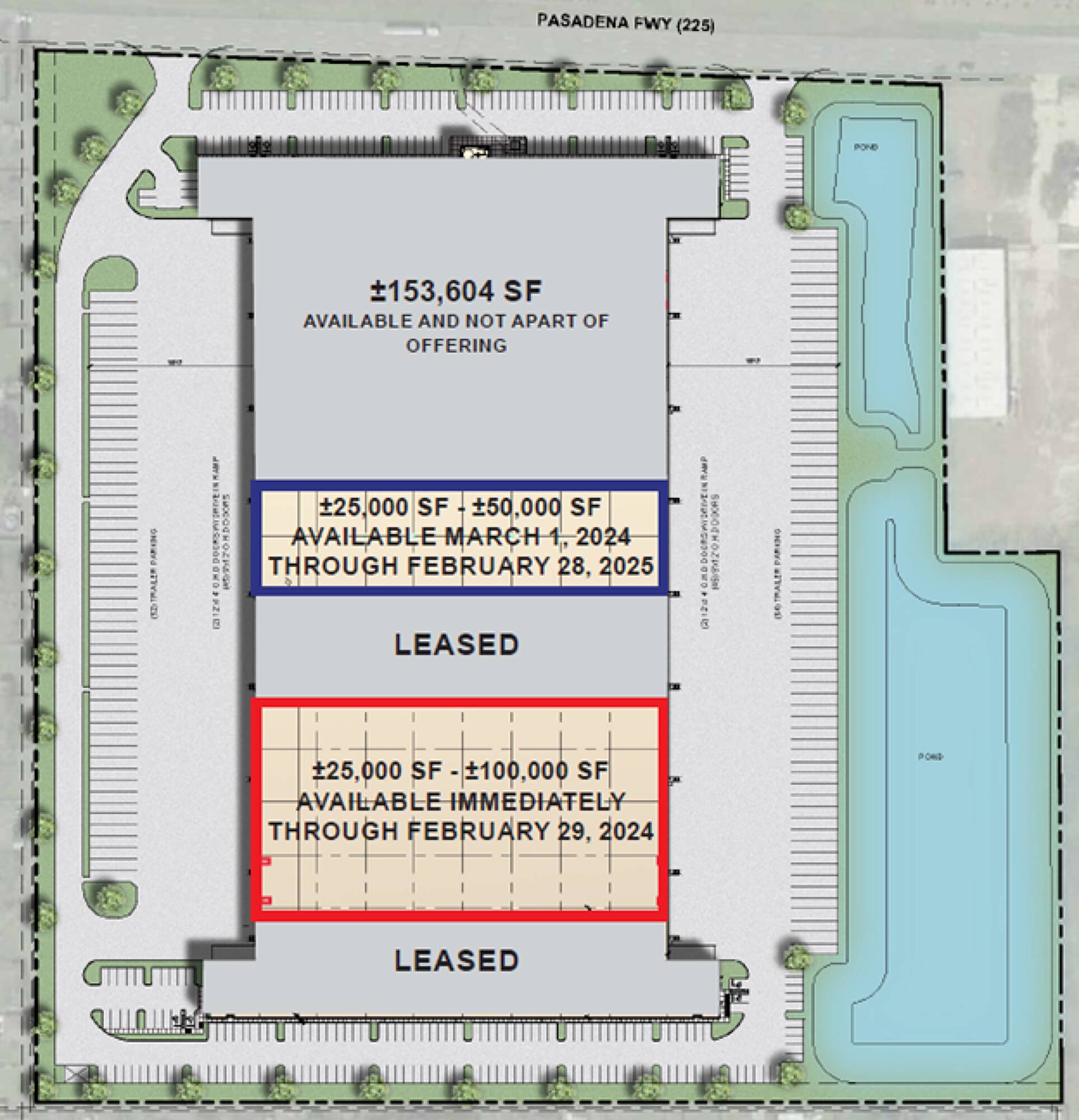 Aerial view of 2818 Pasadena Fwy, Pasadena, TX, showing layout, parking, and available sublease spaces.
