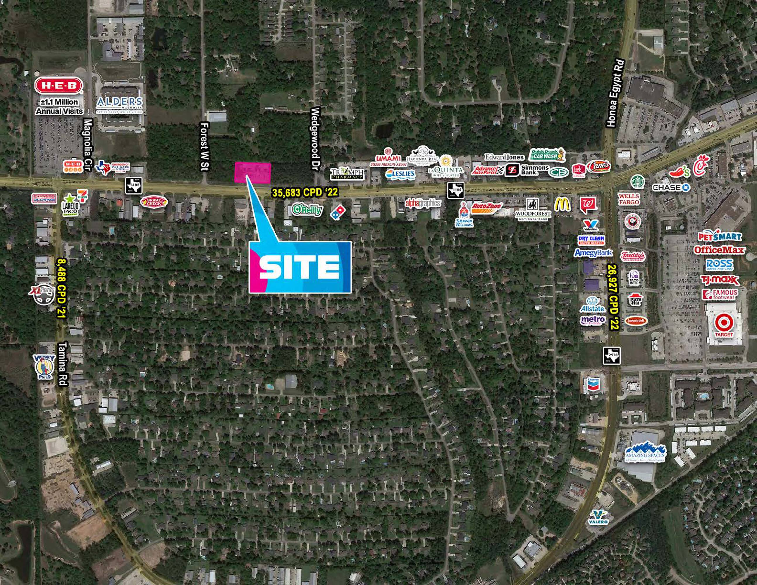Aerial view of Tuscan Village Plaza retail property with neighboring tenants like HEB and CVS.
