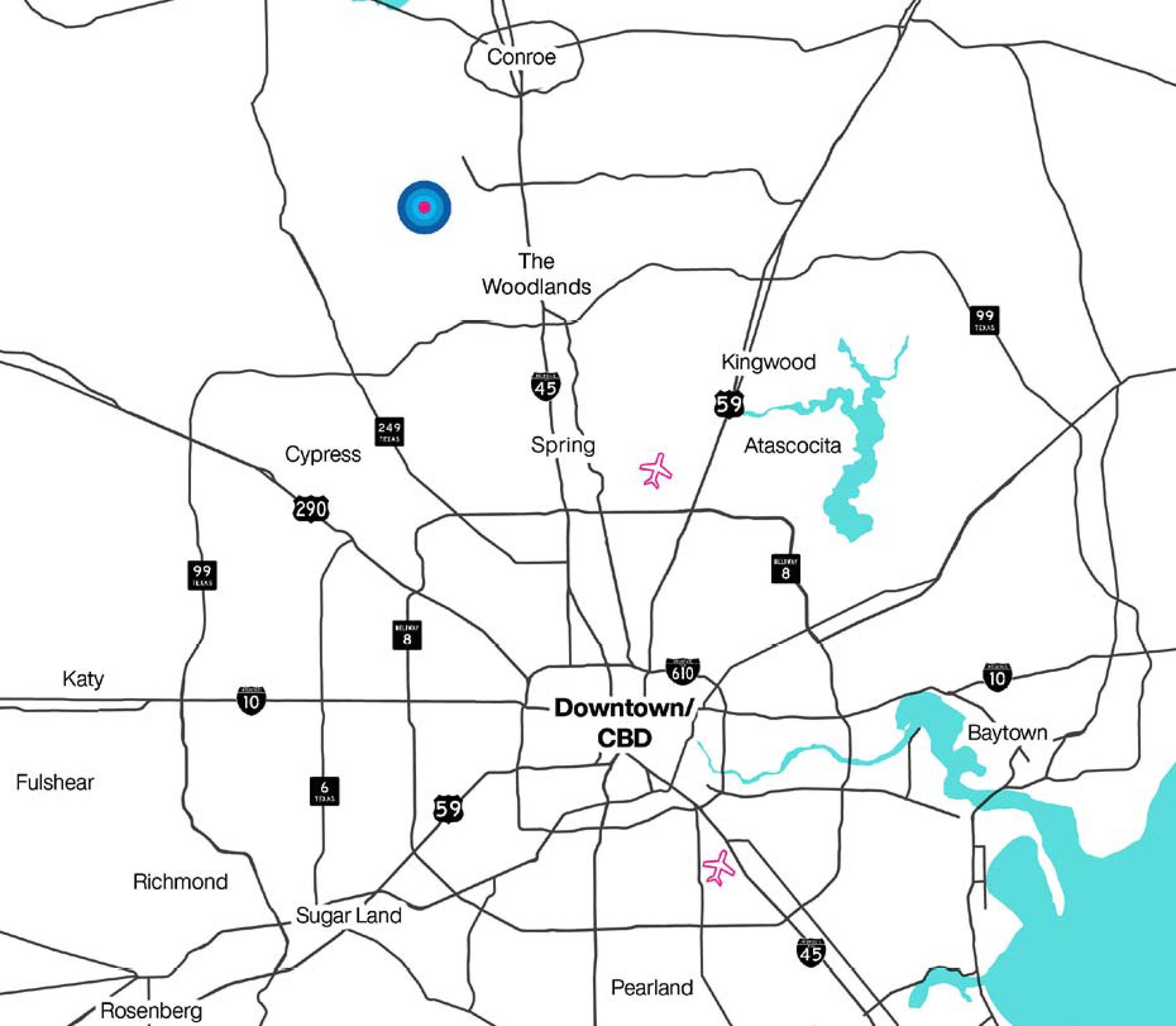 Map showing the location of Tuscan Village Plaza in Magnolia, TX, with surrounding cities and highways.