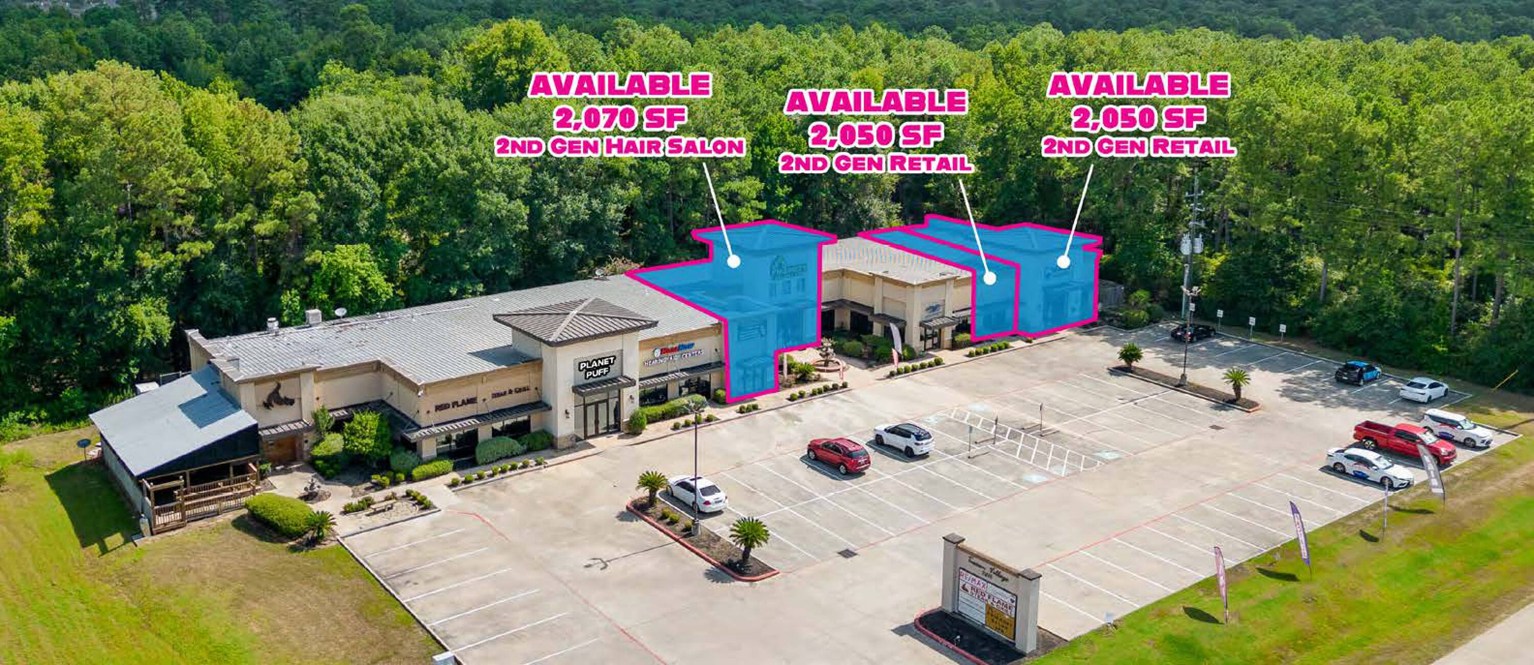 Aerial view of Tuscan Village Plaza, a retail property in Magnolia, TX with available lease spaces.