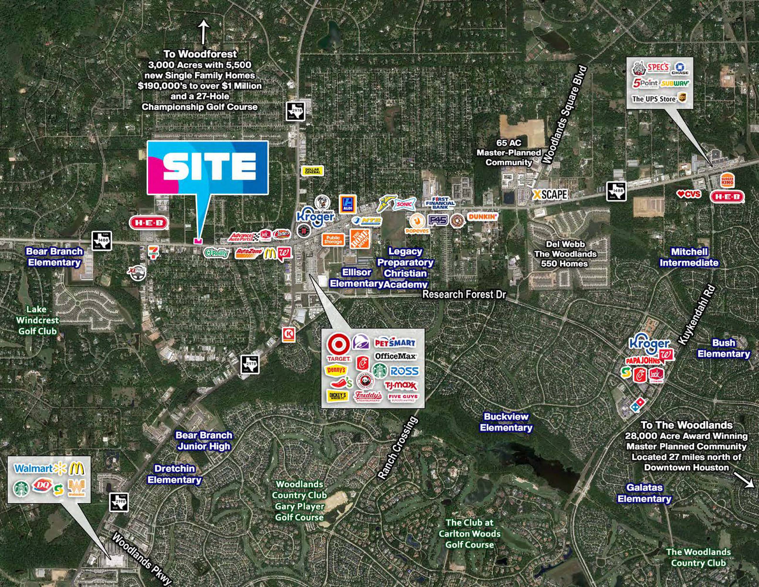 Aerial view of Tuscan Village Plaza in Magnolia, TX, showcasing surrounding retail tenants and amenities.