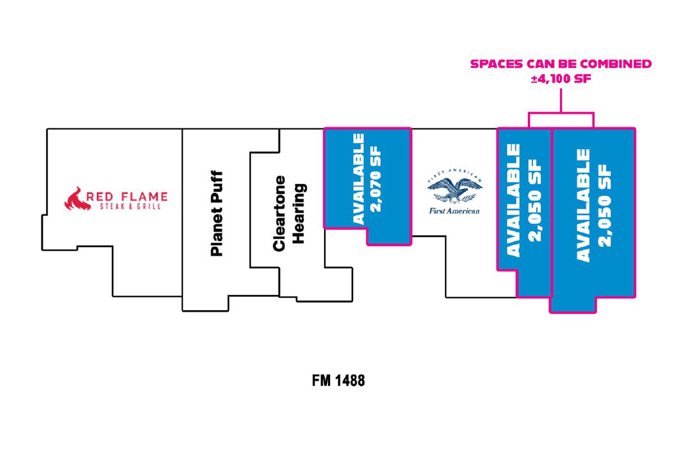 Floor plan of Tuscan Village Plaza showing available retail spaces for lease in Magnolia, TX.