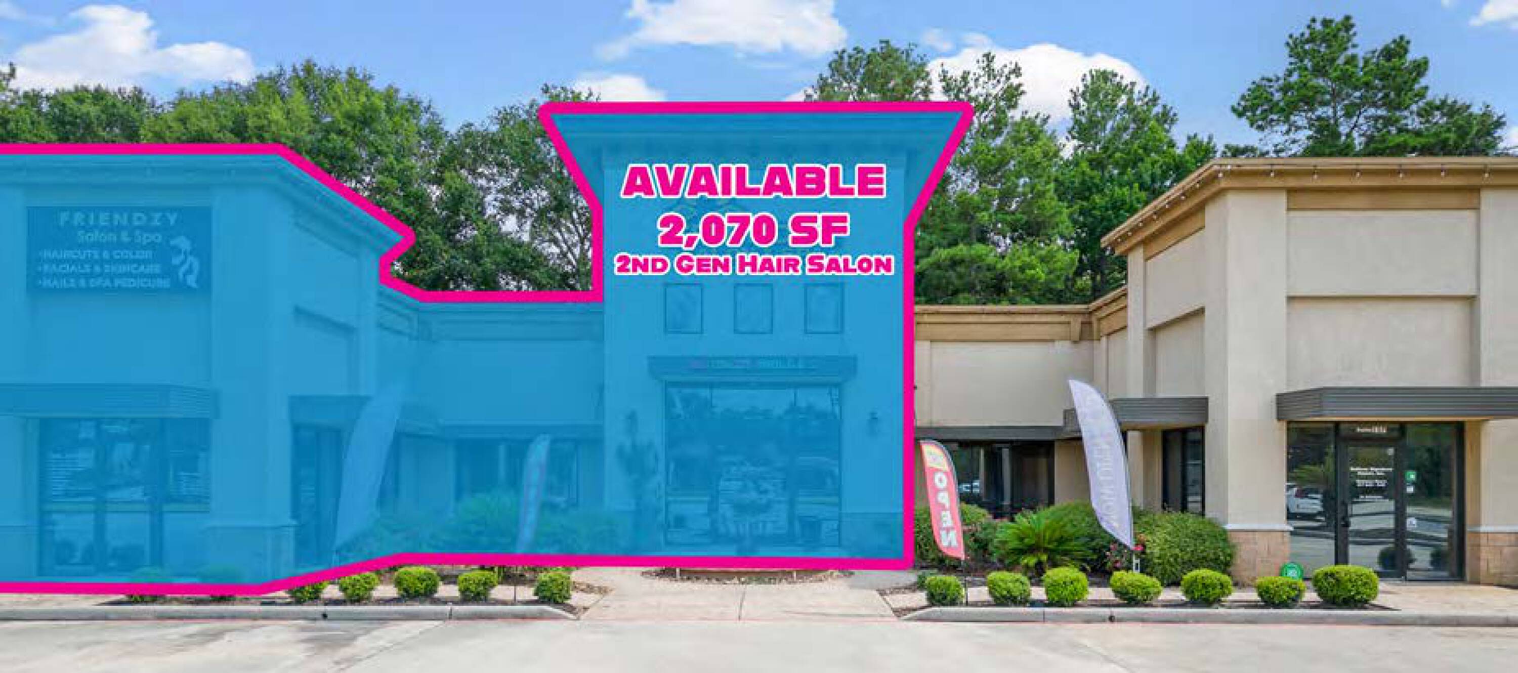 Tuscan Village Plaza retail space available for lease with 2,070 sq ft, previously a hair salon, located in Magnolia, TX.