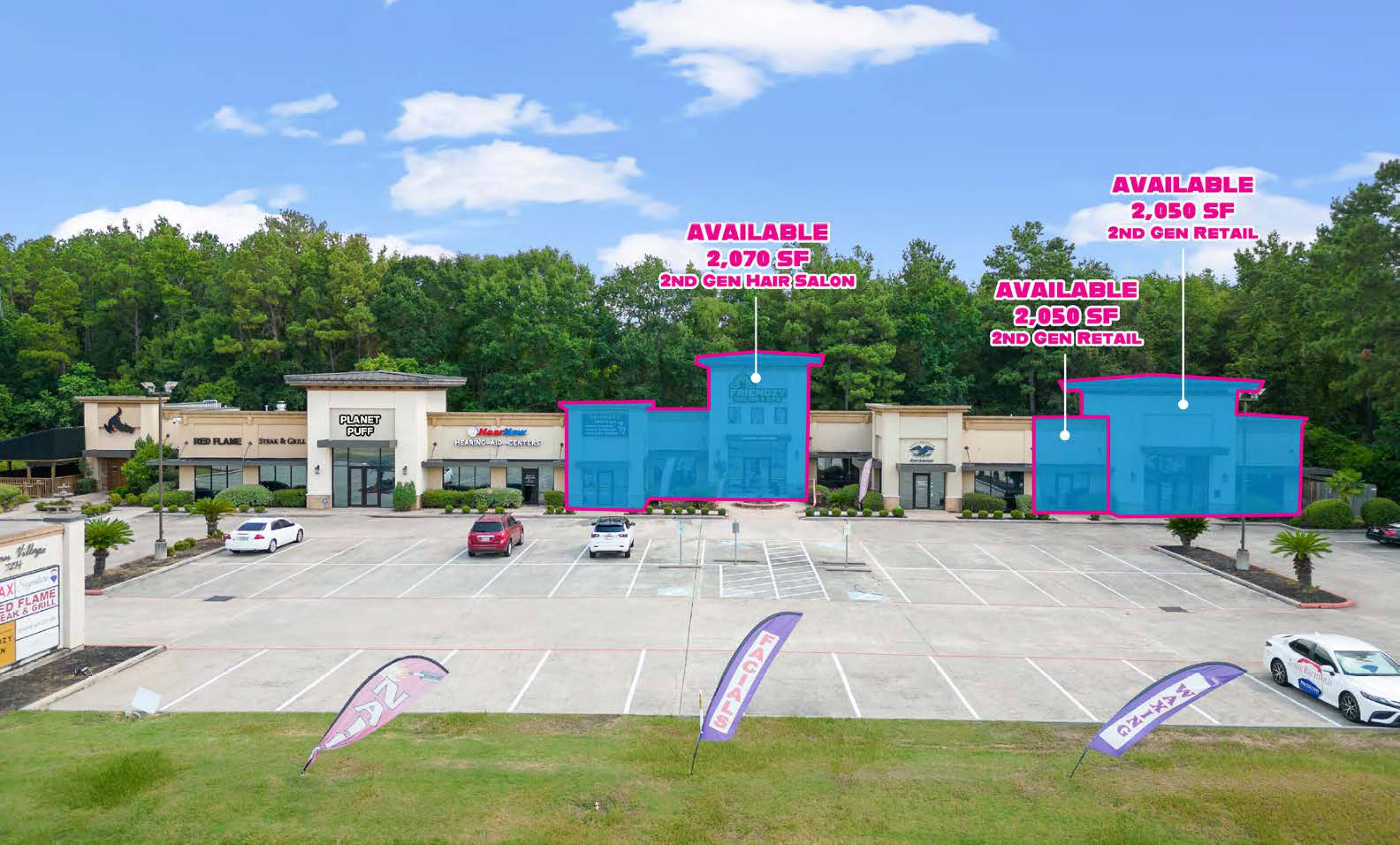 Aerial view of Tuscan Village Plaza in Magnolia, TX, showcasing available retail spaces and parking lot.