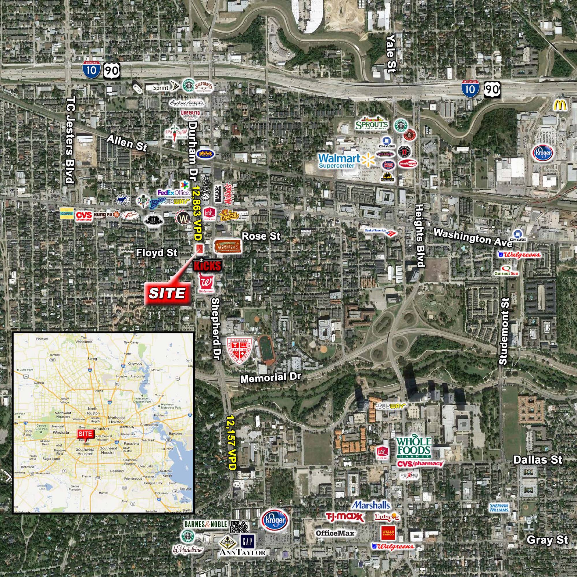 Aerial view of a commercial property site near major retailers like Whole Foods, Best Buy, and Target in a bustling retail area.